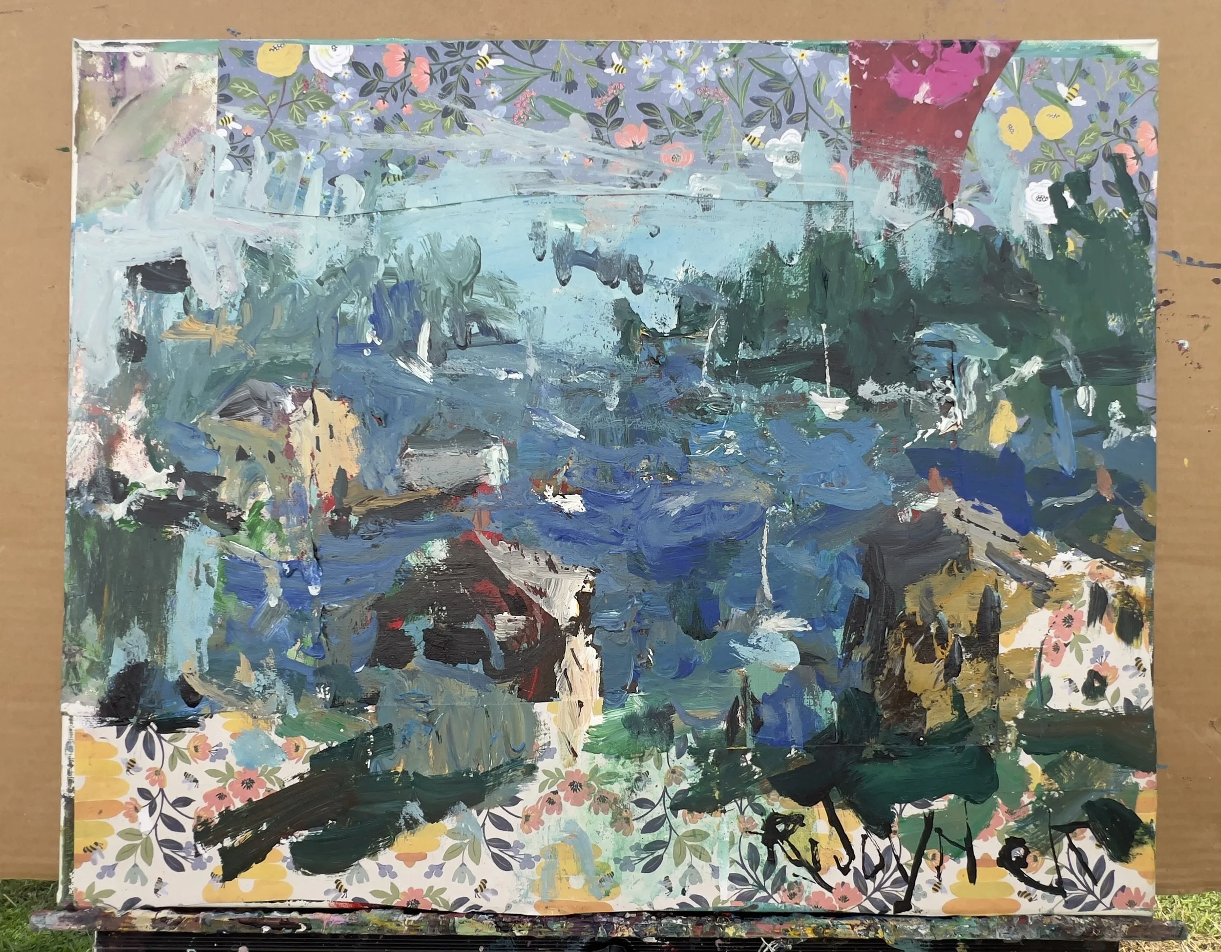 Expressive coastal harbor mixed media and collage painting with boats and buildings by Robert Joyner