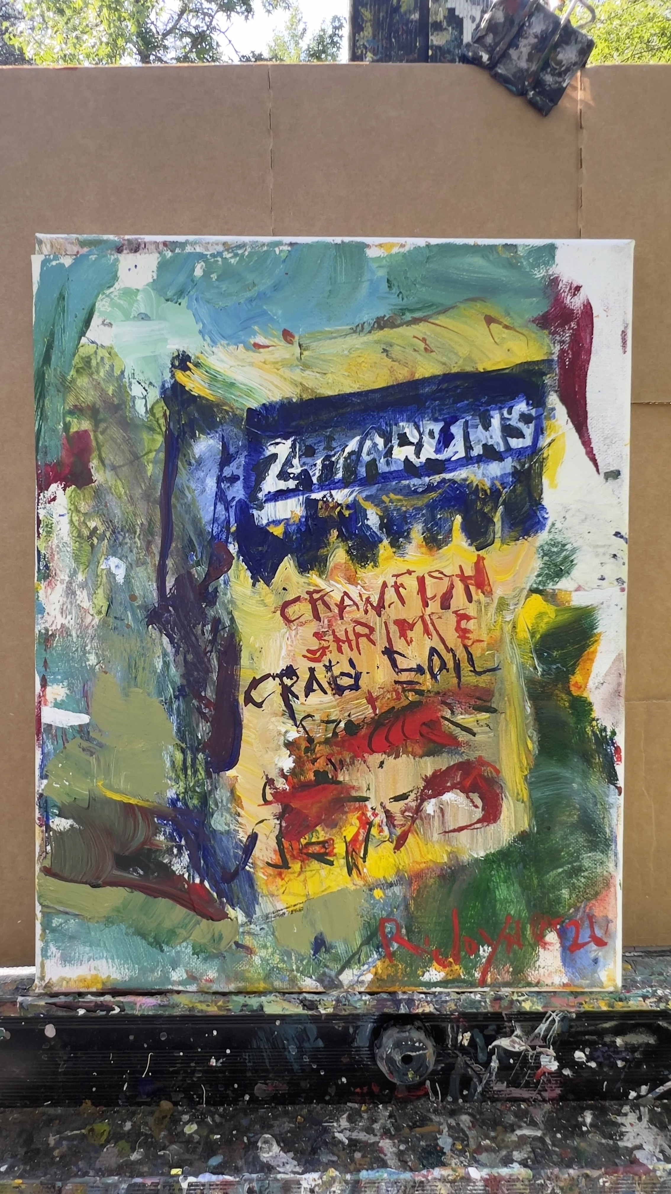 Mixed media painting of a Zatarain's crawfish boil seasoning box by Robert Joyner shows all edges