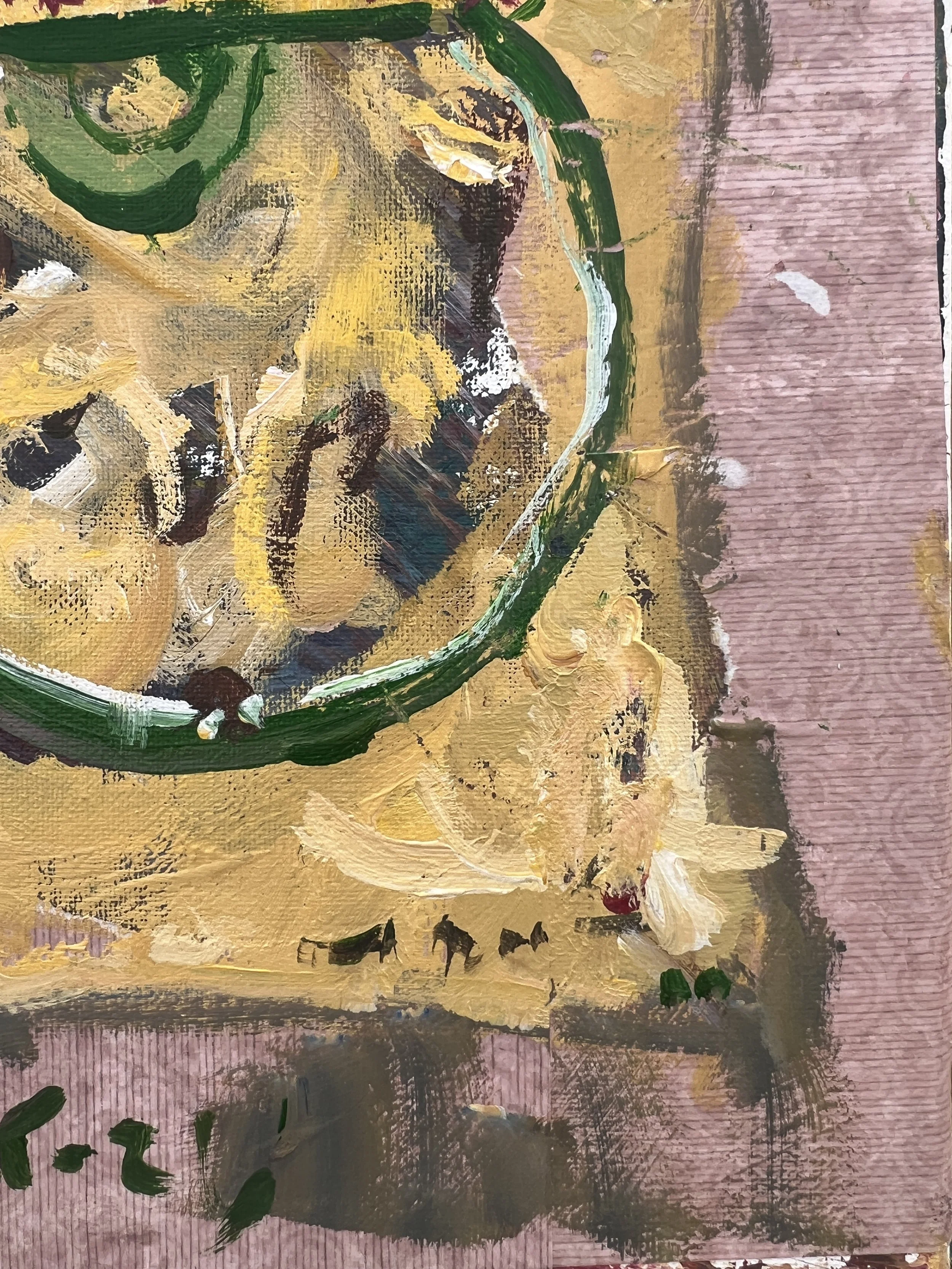 Bold expressive painting of Funyuns onion rings yellow bag with red logo and collage elements, acrylics on 11x14 canvas - close up 5