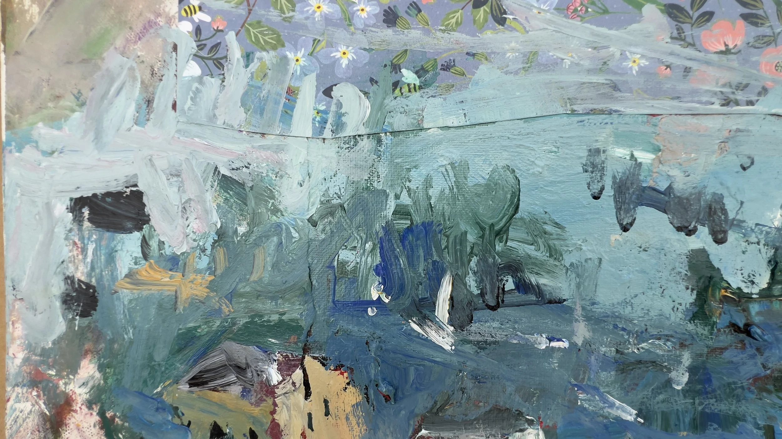 Expressive coastal harbor mixed media and collage painting with boats and buildings by Robert Joyner