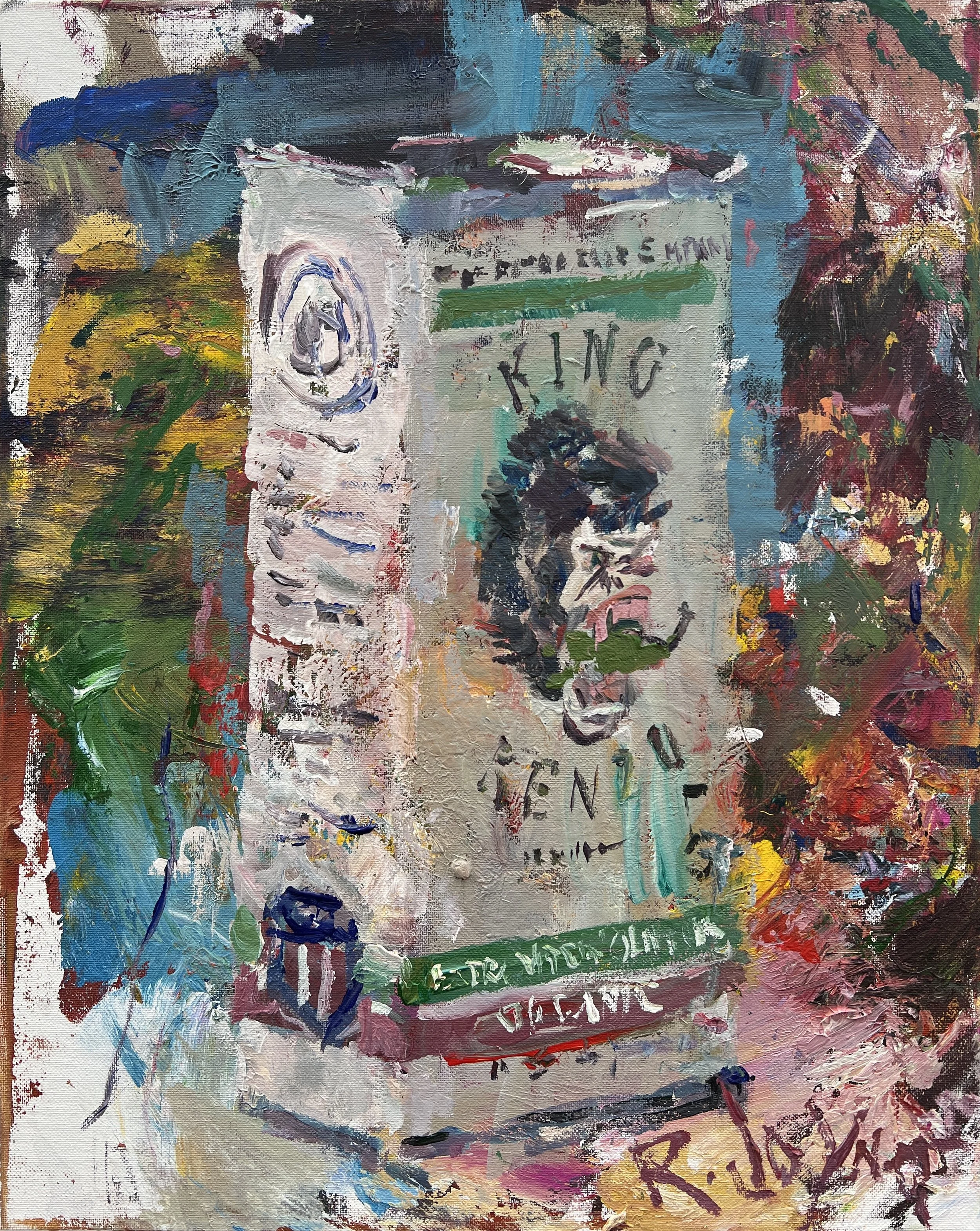 Bold expressive painting of King Kenzo extra virgin olive oil tin can with Mediterranean label, acrylics on 20x16 canvas - kitchen wall art