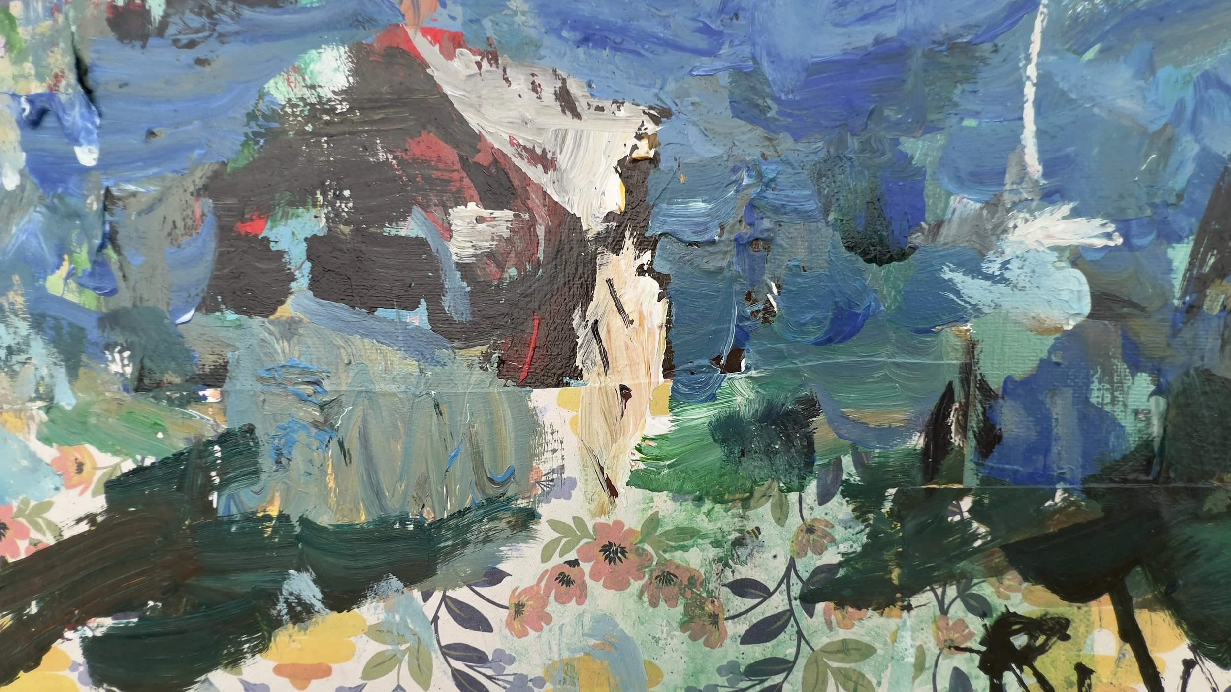 Expressive coastal harbor mixed media and collage painting with boats and buildings by Robert Joyner