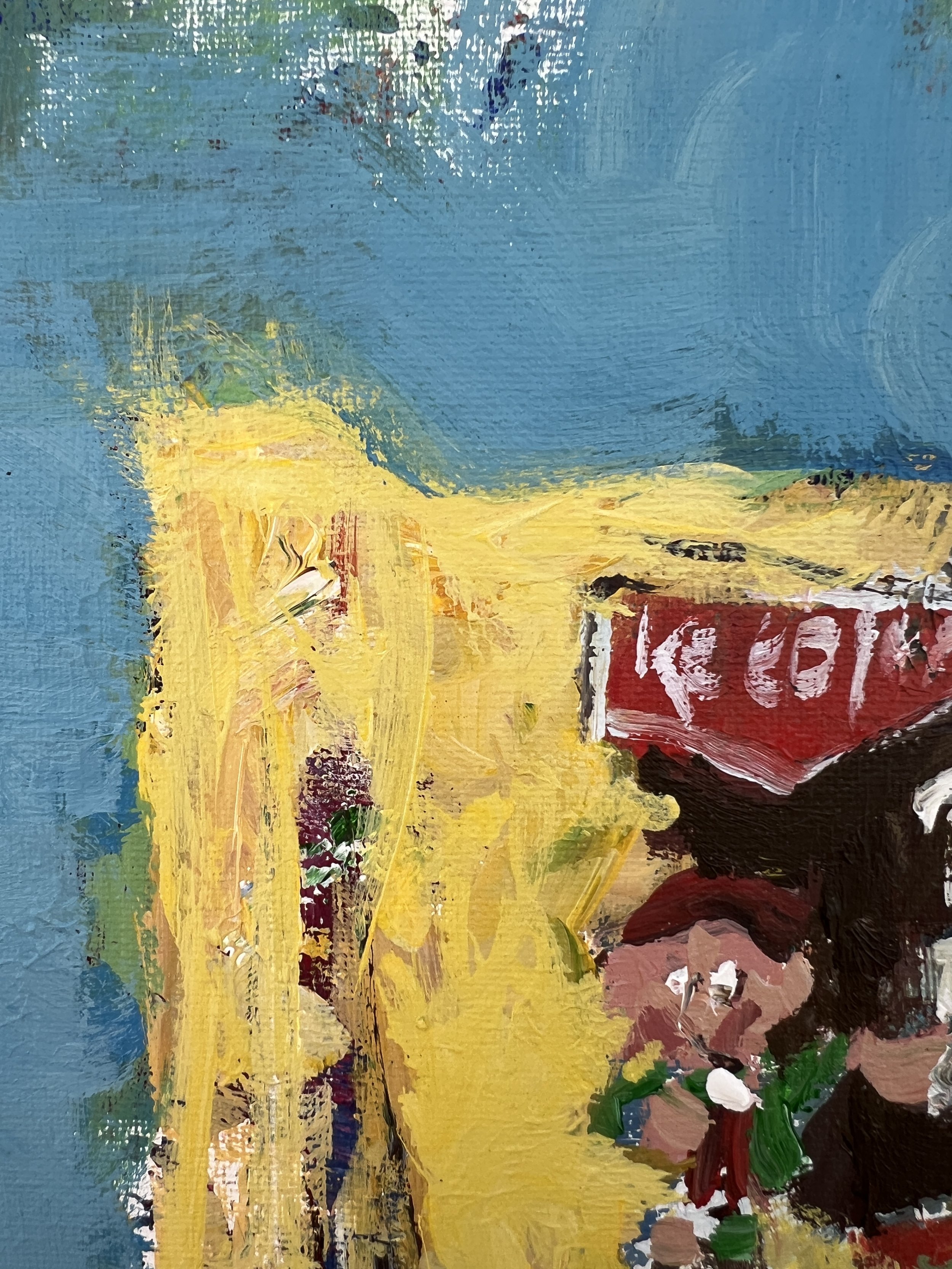 Loose expressive painting of Five Guys cup with red lettering and bold brushwork, acrylic on 12x9 canvas - close up 1