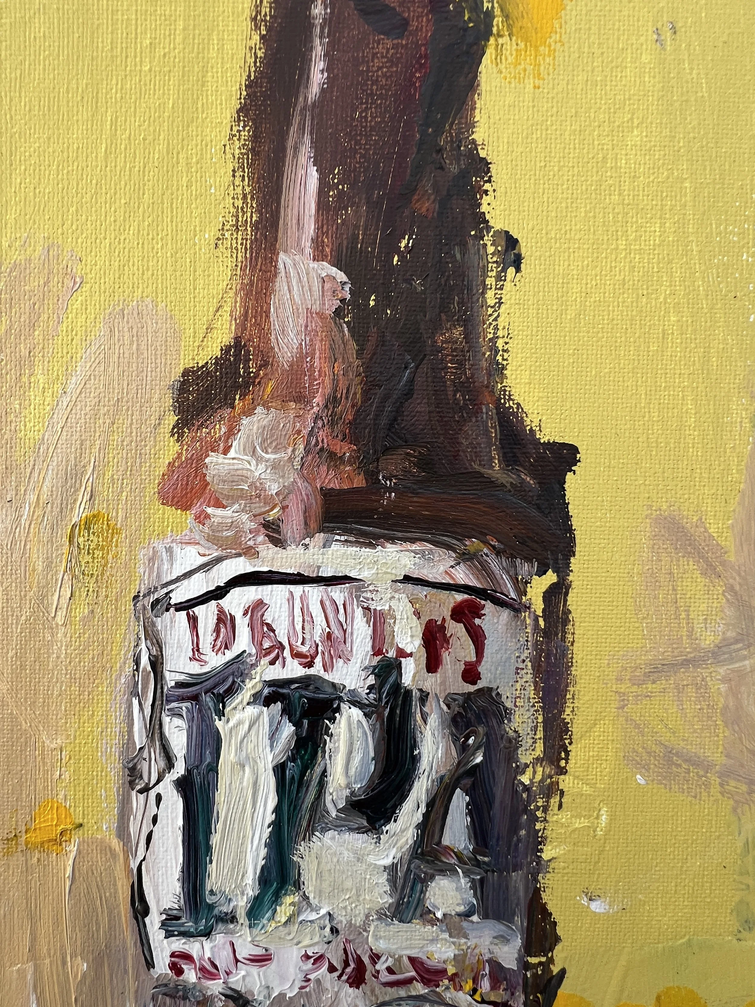 Close-up of Bold expressive painting of Lagunitas IPA brown beer bottle with white label
