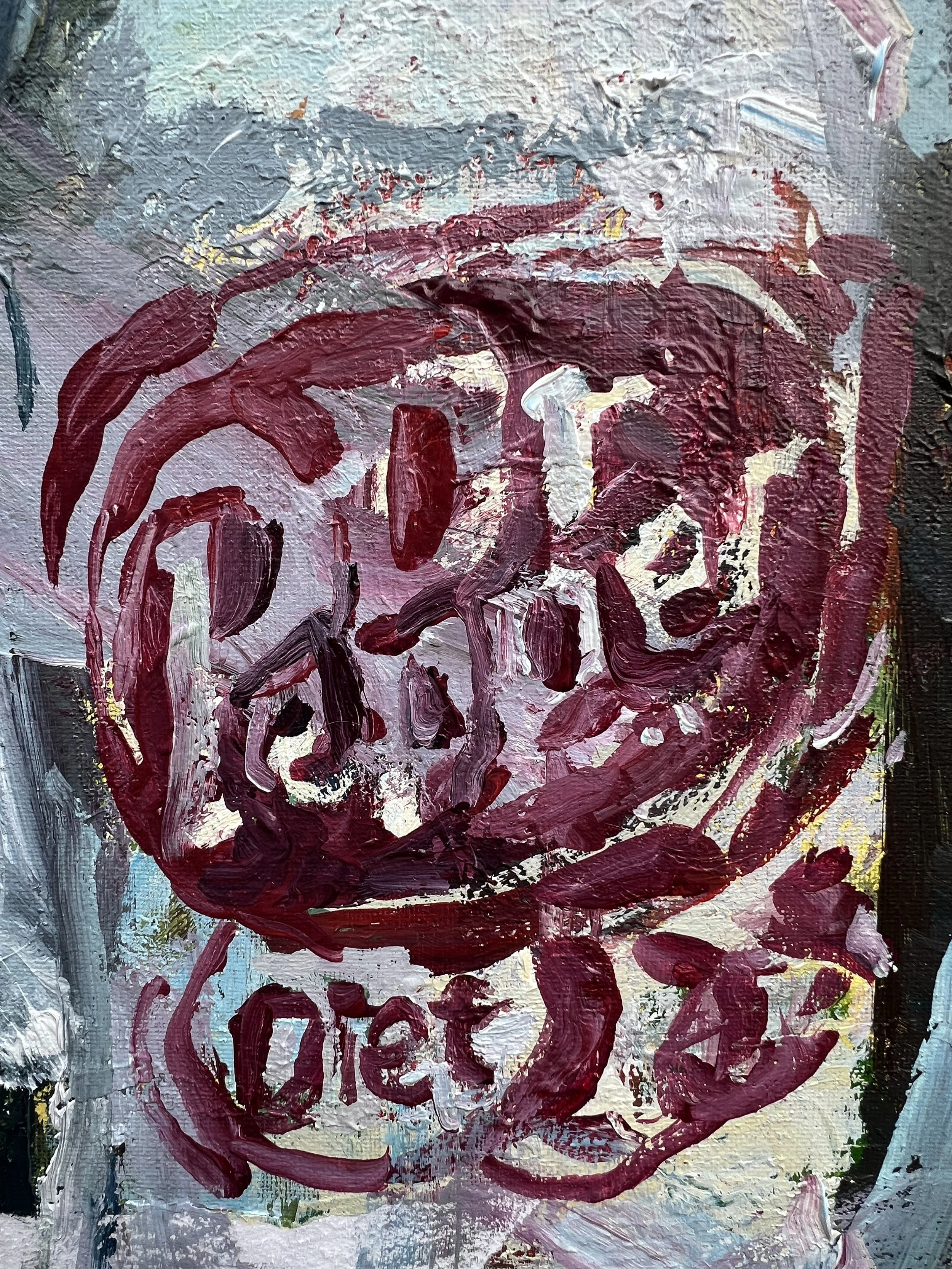 Brushwork detail of Bold expressive painting of Diet Dr Pepper silver can