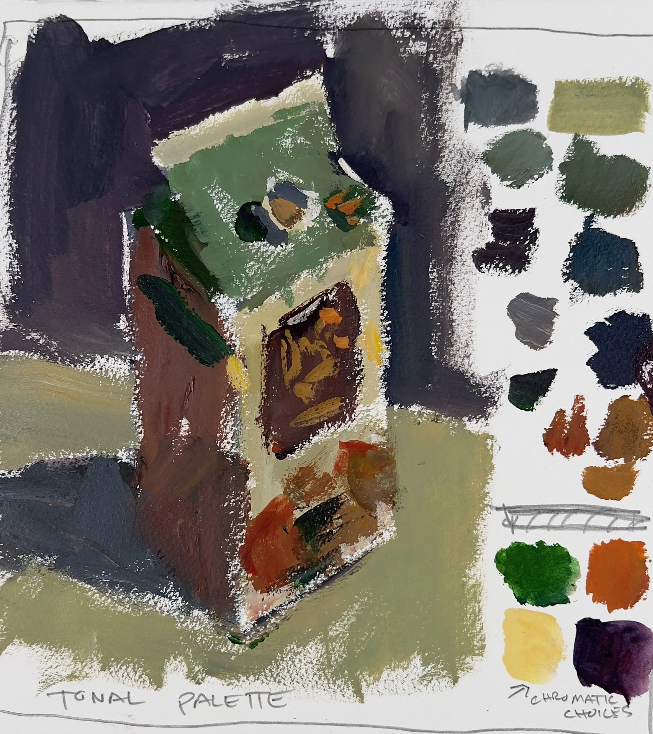 A paint palette featuring a variety of earthy and muted colors, including shades of green, yellow, orange, brown, black, purple, and some darker shades, arranged in swatches. The sketchy and textured painting includes handwritten notes that say 'Tona