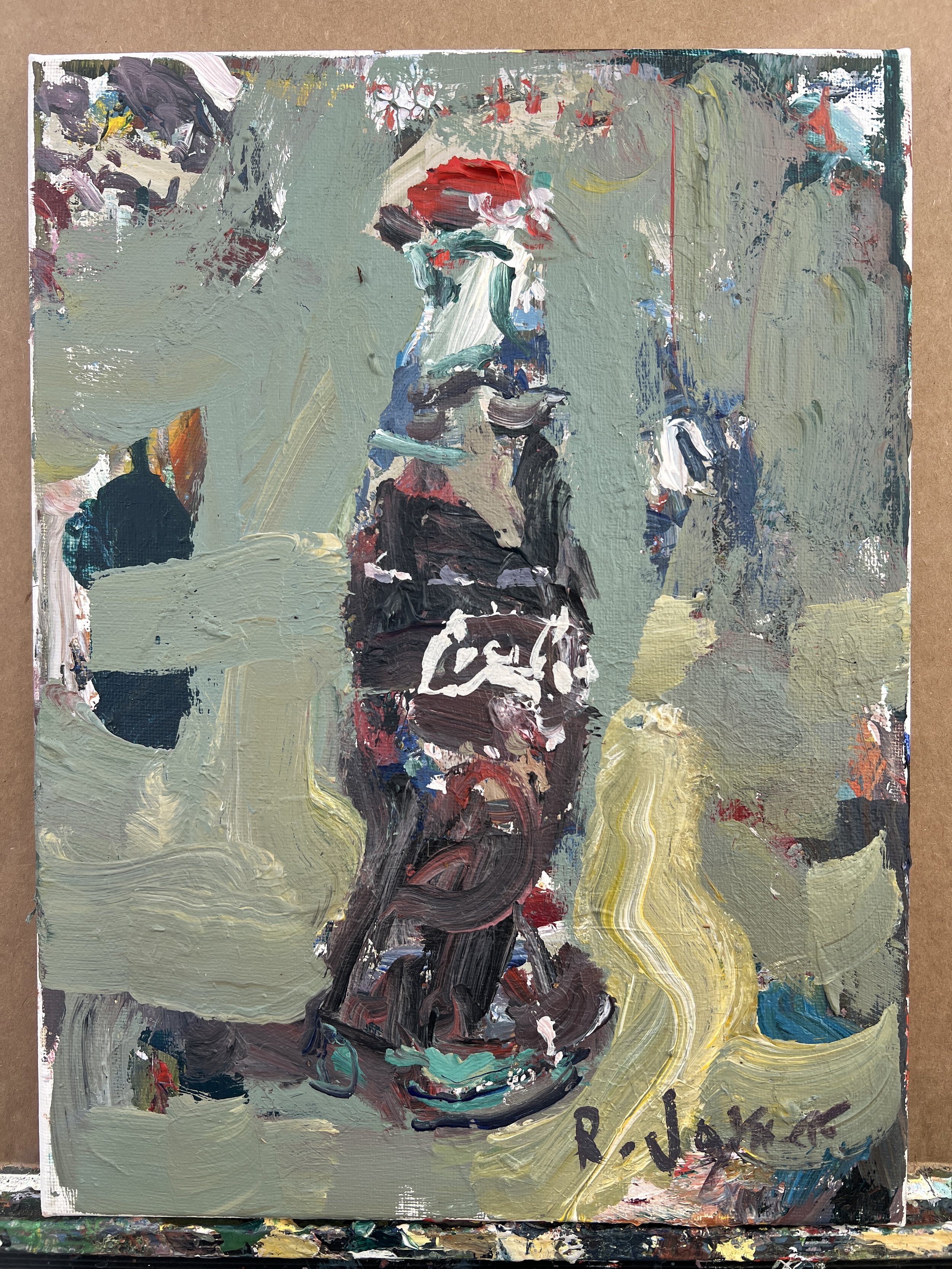 Loose expressive original painting of Coca-Cola glass bottle in red and brown on canvas - kitchen wall art shows all edges