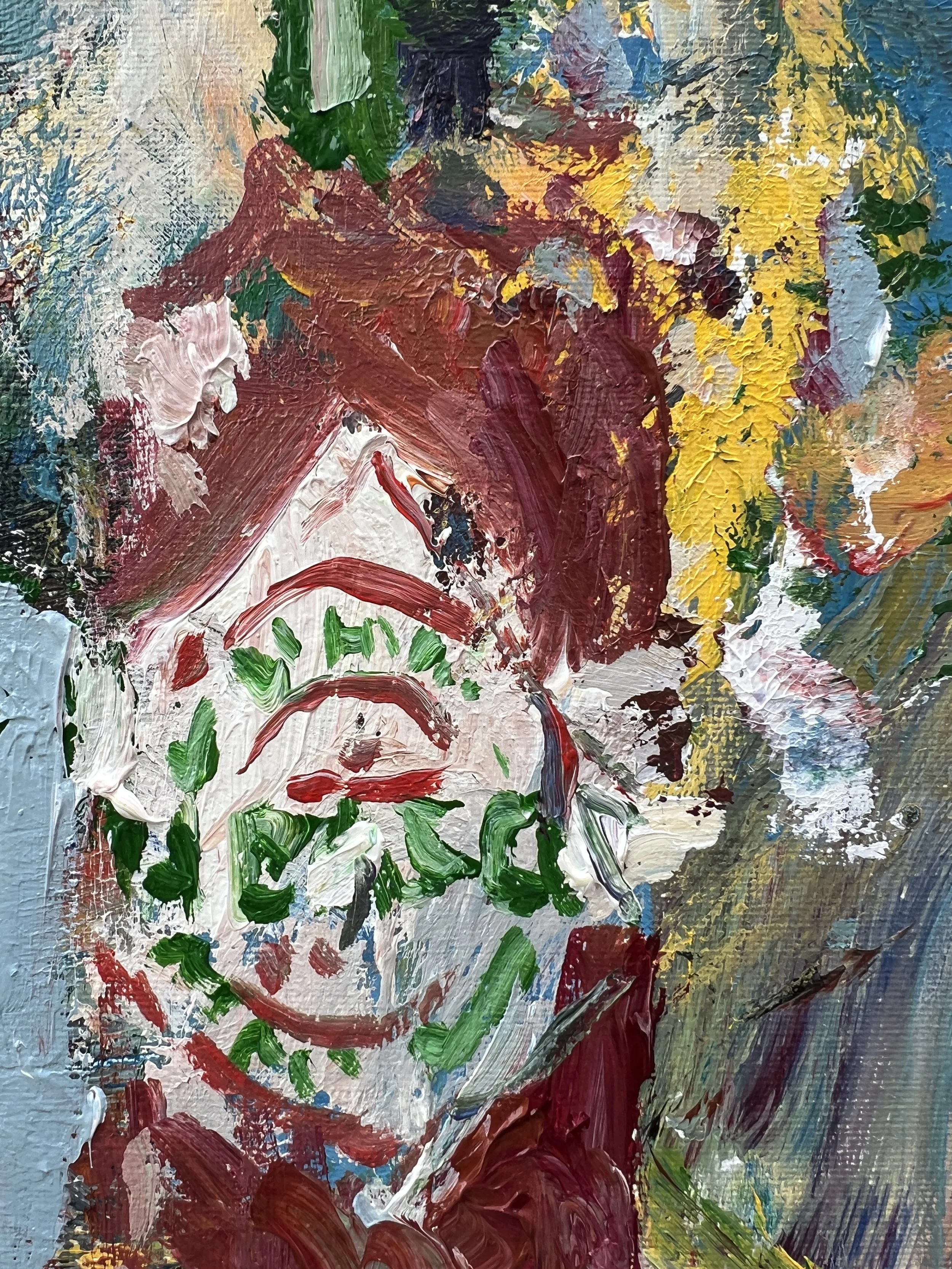 Bold expressive painting of Tabasco hot sauce bottle with red cap and diamond label, acrylics on 12x9 canvas - close up 2