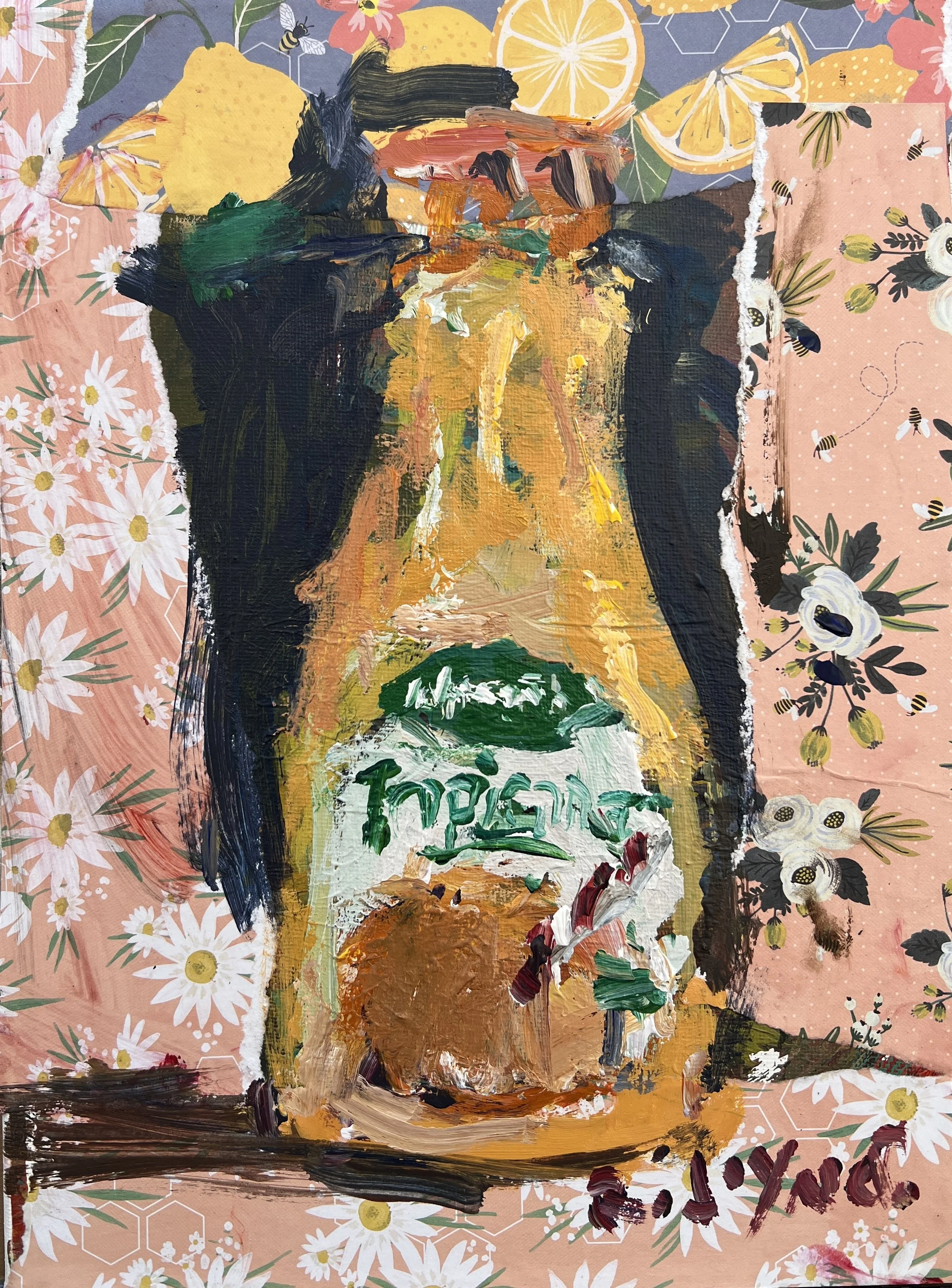 Loose expressive original painting of Tropicana orange juice bottle with hand-collaged lemon and floral border on canvas - kitchen wall art