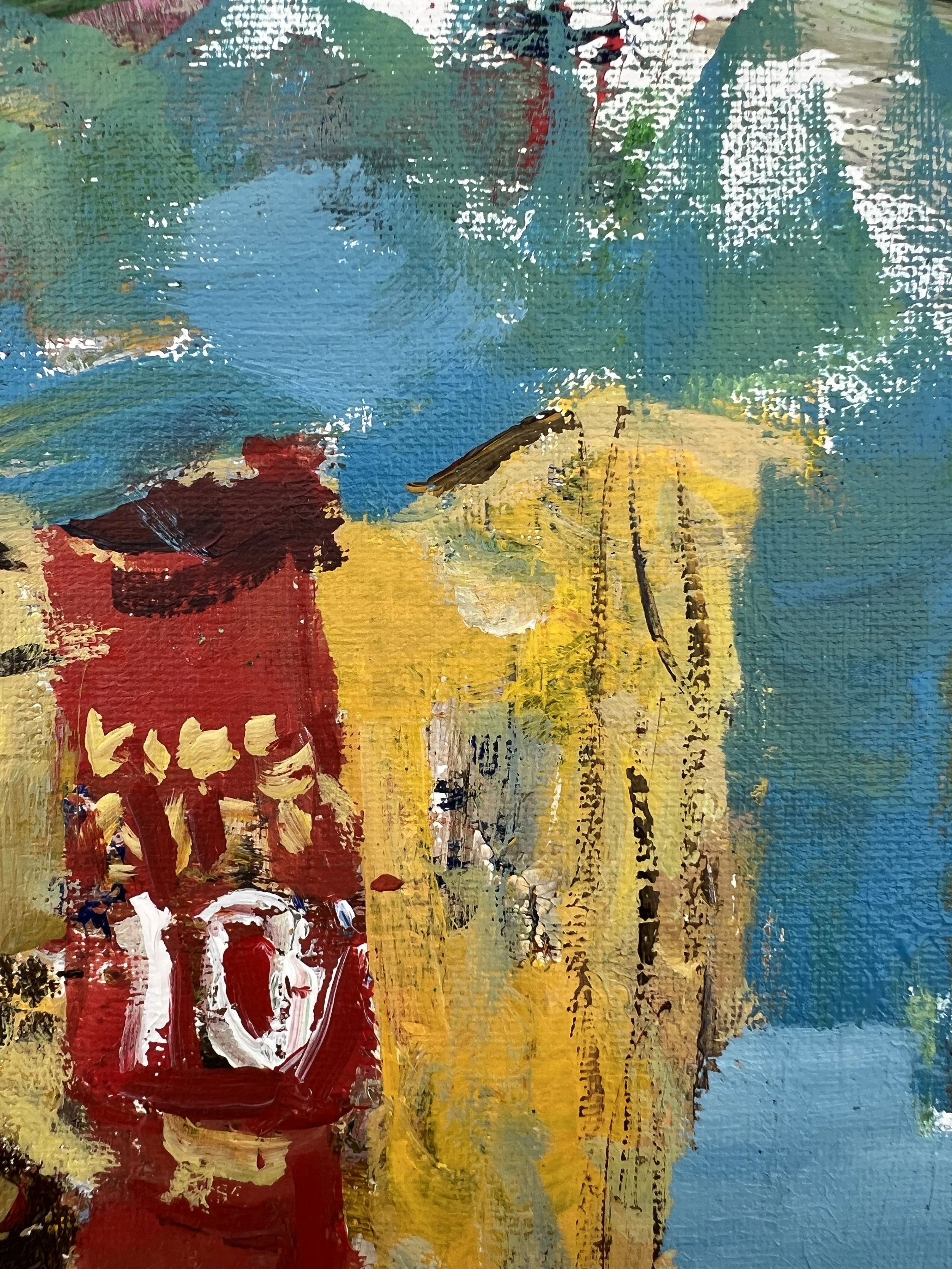 Loose expressive painting of Five Guys cup with red lettering and bold brushwork, acrylic on 12x9 canvas - close up 3