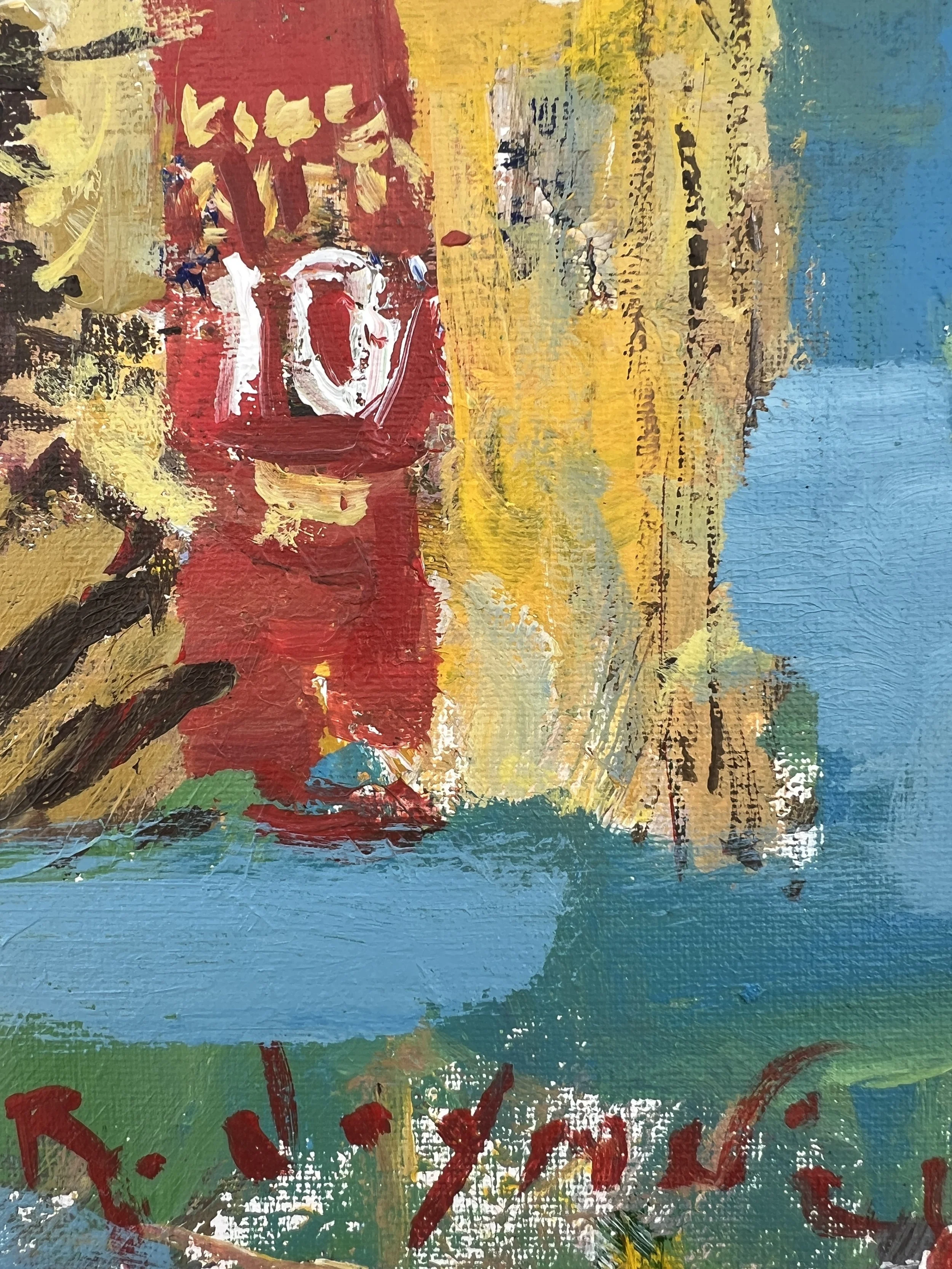 Loose expressive painting of Five Guys cup with red lettering and bold brushwork, acrylic on 12x9 canvas - close up 4