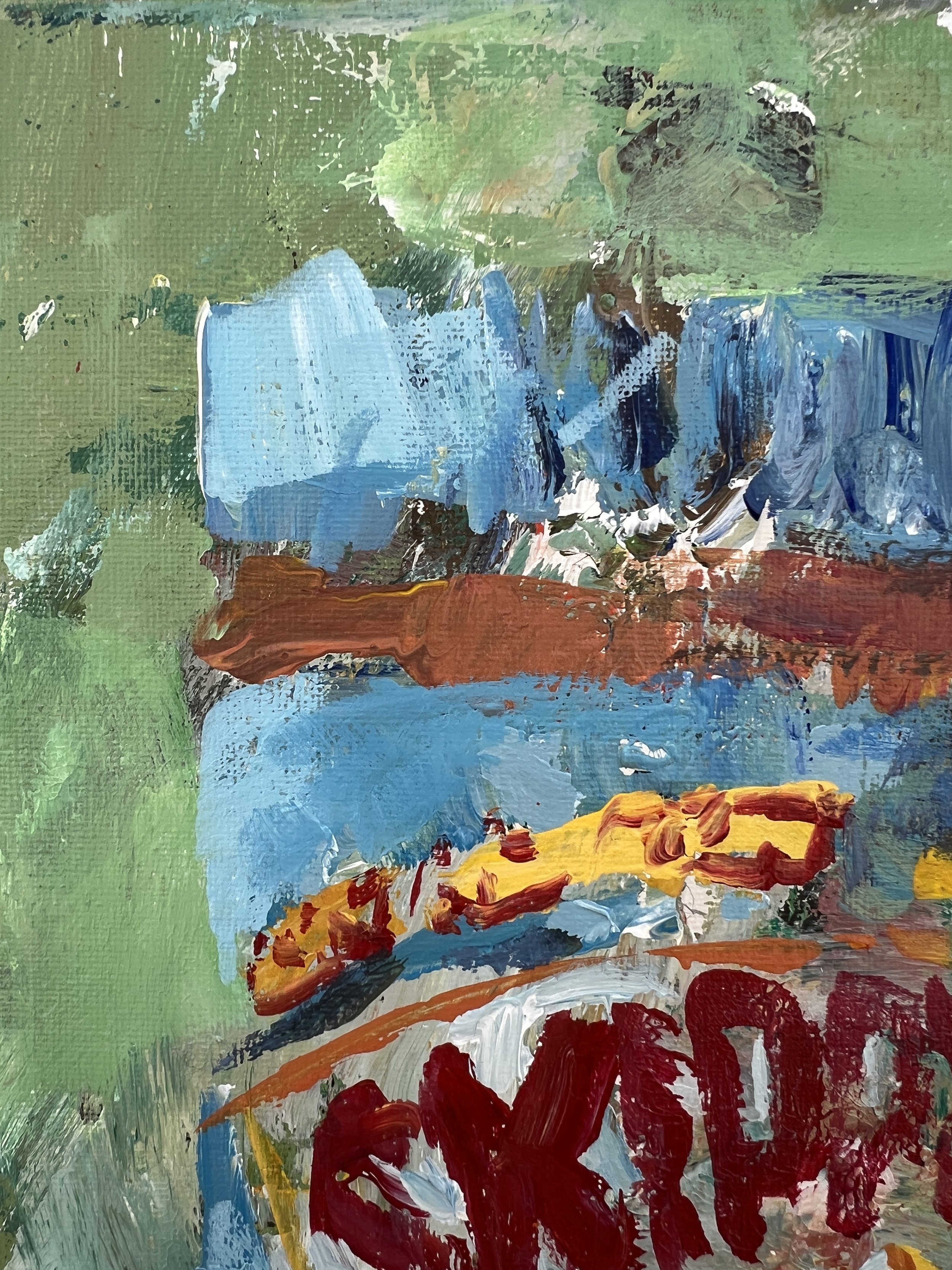 Loose expressive painting of Skippy peanut butter jar with bold red and blue label and textured brushwork, acrylic on 12x9 canvas - close up 1