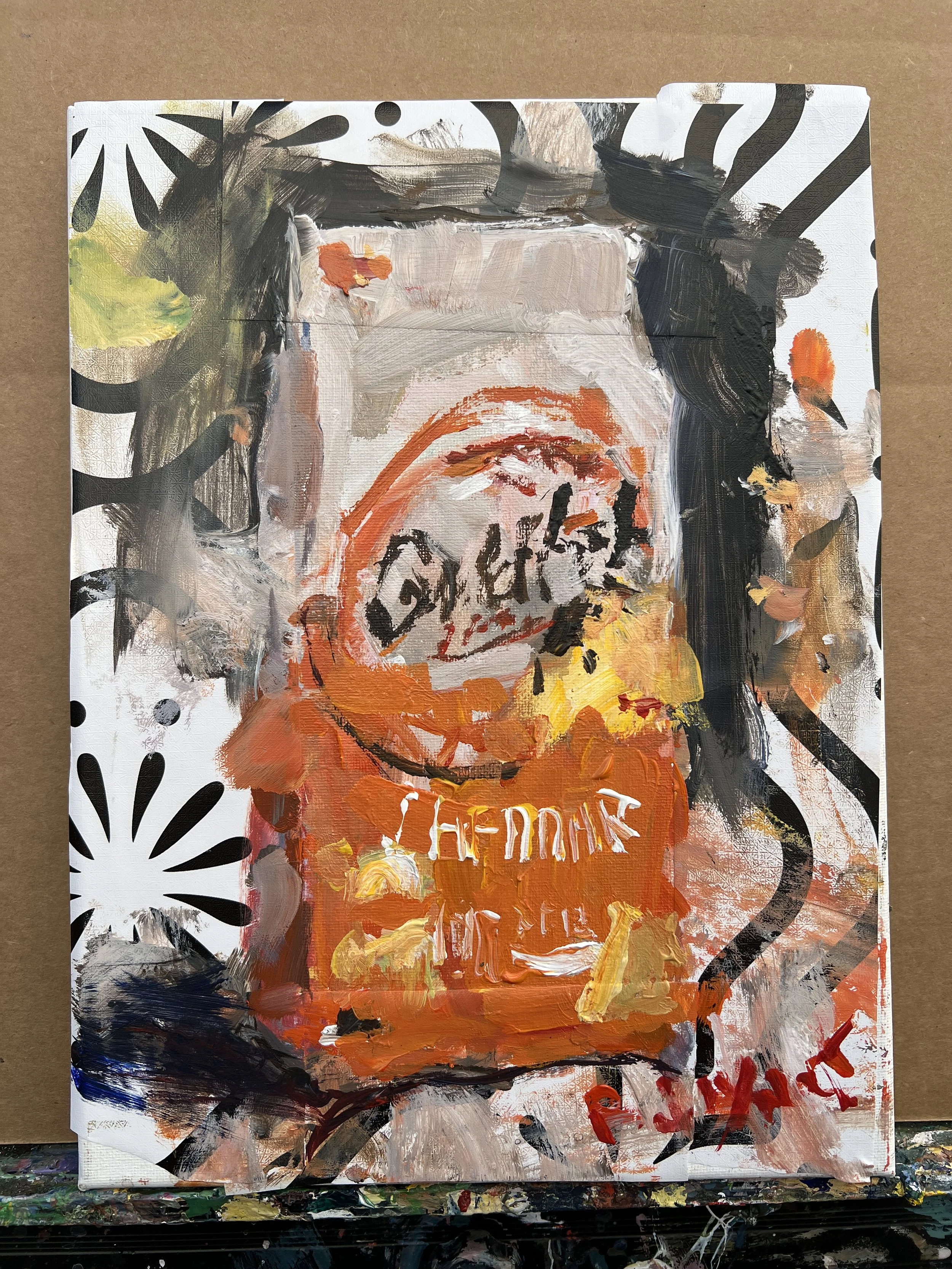 Bold expressive painting of Goldfish crackers orange bag with smiling goldfish logo, mixed media and collage with zebra print elements on 12x9 canvas - kitchen wall art shows all edges