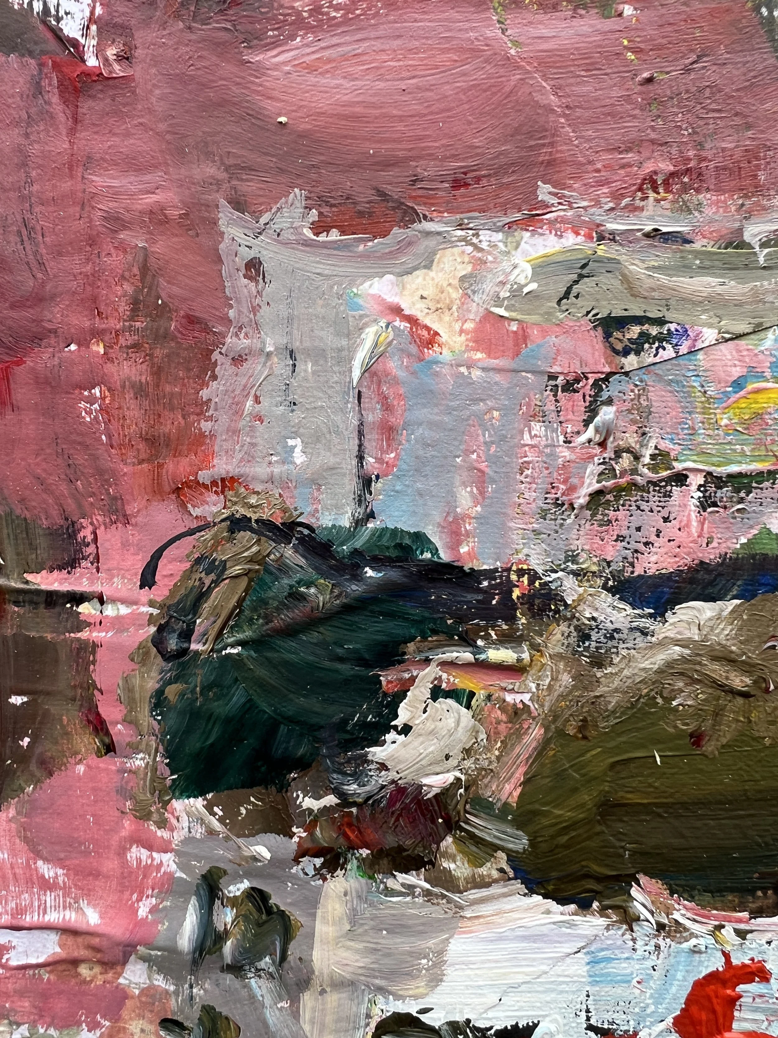 Detail view of Bold expressive painting of Nutella jar with red label and collage