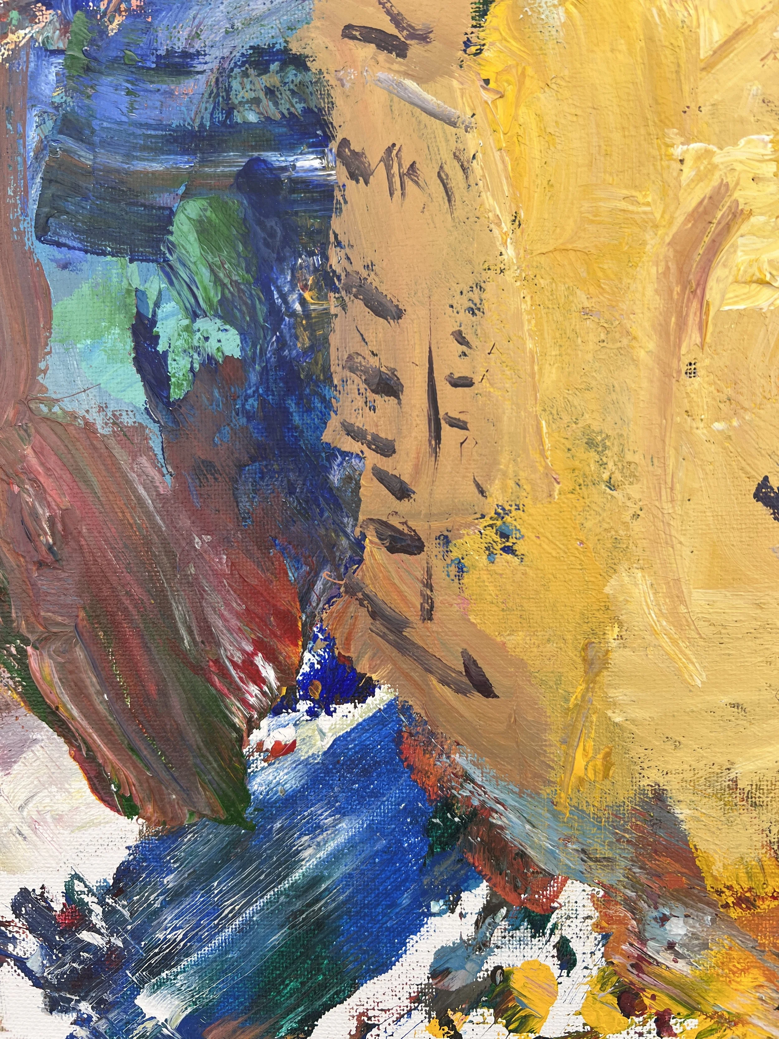 Bold expressive painting of Domino Pure Cane Sugar yellow bag with blue script, acrylics on 20x16 canvas - close up 4