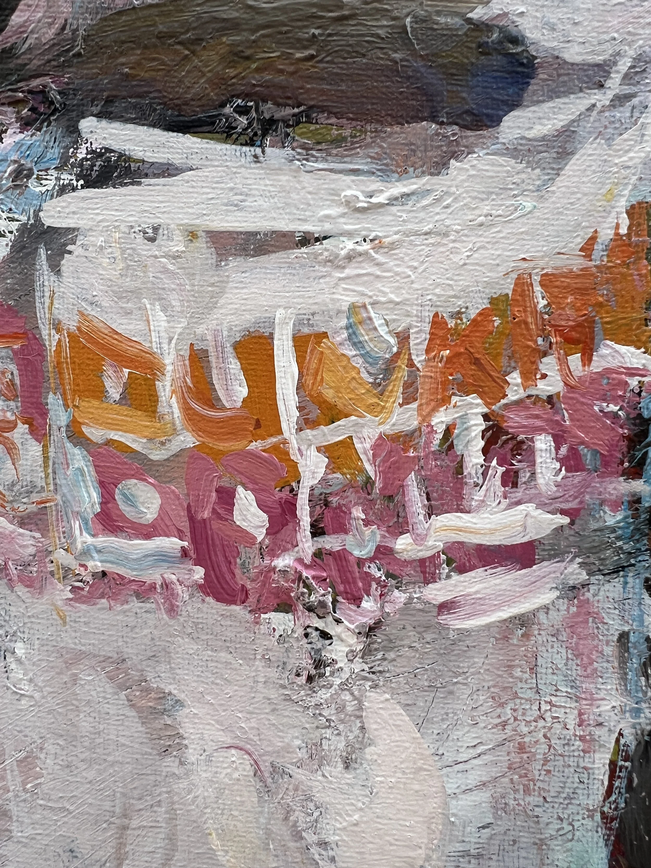 Brushwork detail of Loose expressive original painting of Dunkin' Donuts coffee cup