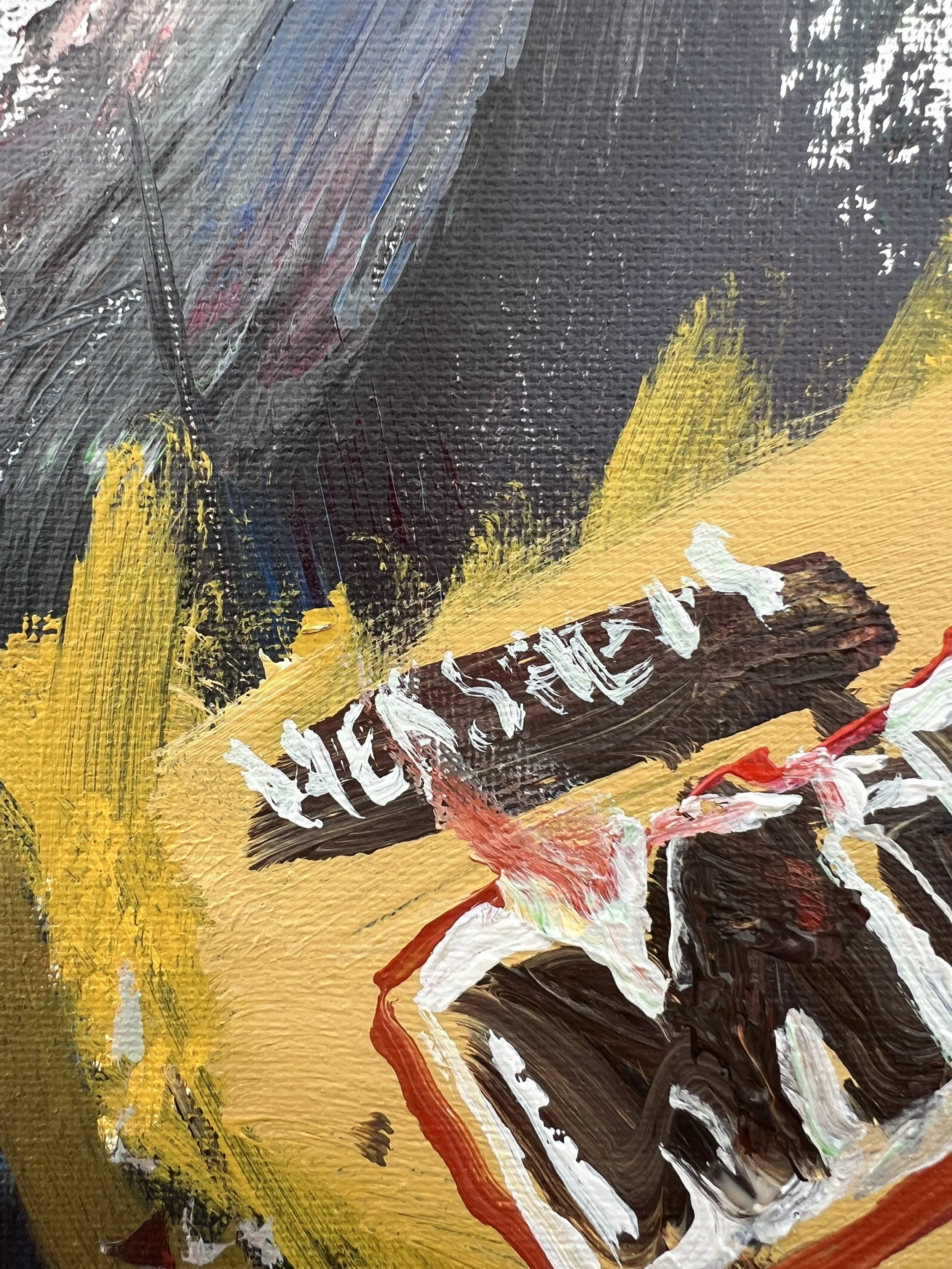 Detail view of Bold expressive painting of Milk Duds yellow candy box