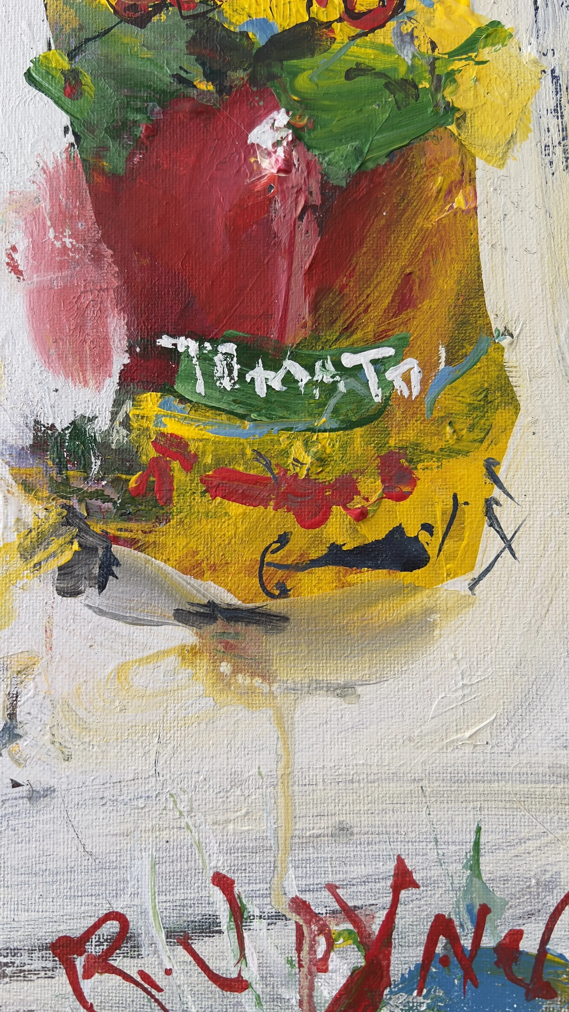 Alt Text: Colorful mixed media painting of three Cento tomato paste cans close up 6