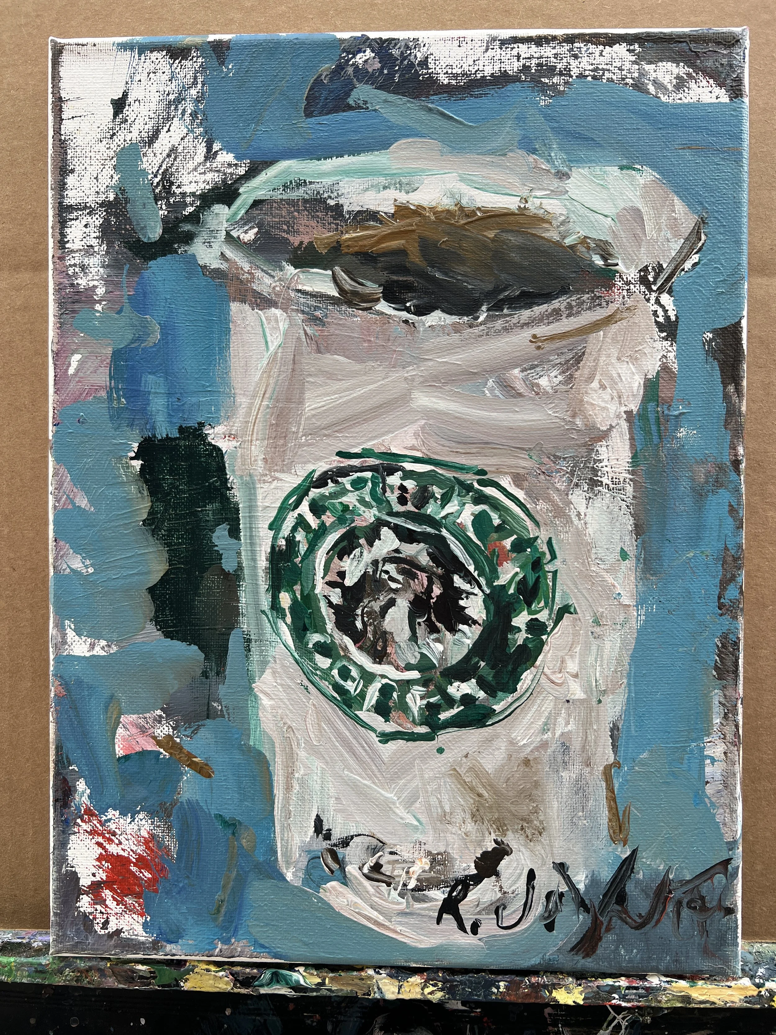 Loose expressive original painting of Starbucks to-go coffee cup in green and white on canvas - kitchen wall art shows all four edges