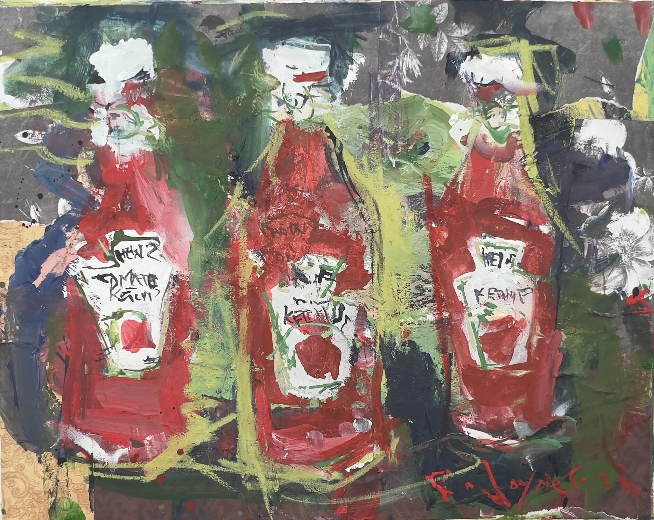 Three ketchup bottles in an expressive mixed media and collage painting by Robert Joyner