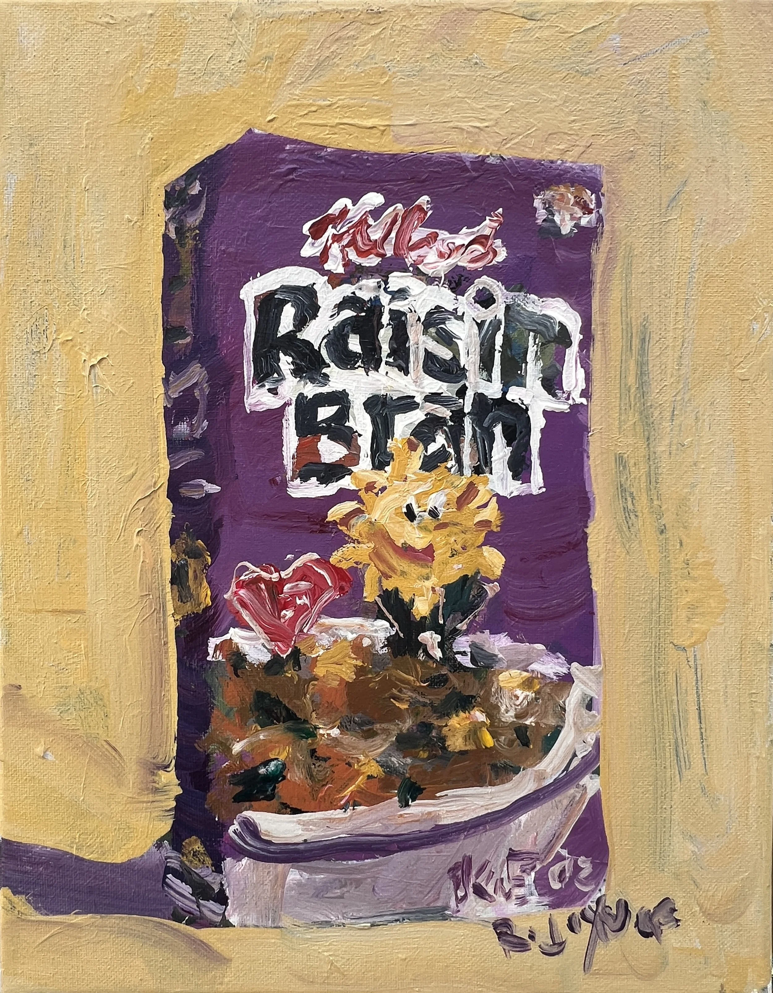 Loose expressive original painting of Raisin Bran cereal box in purple and yellow on canvas - kitchen wall art