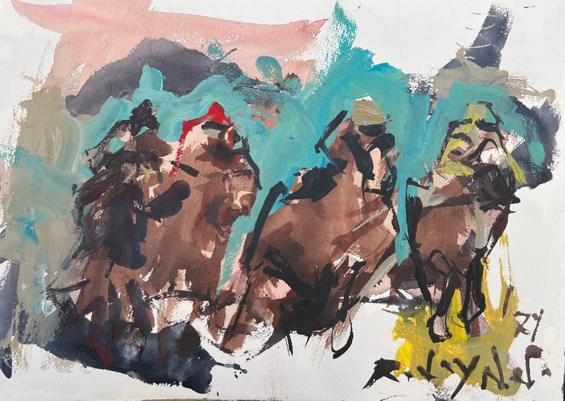Acrylic horse race artwork with loose brushwork and vibrant motion