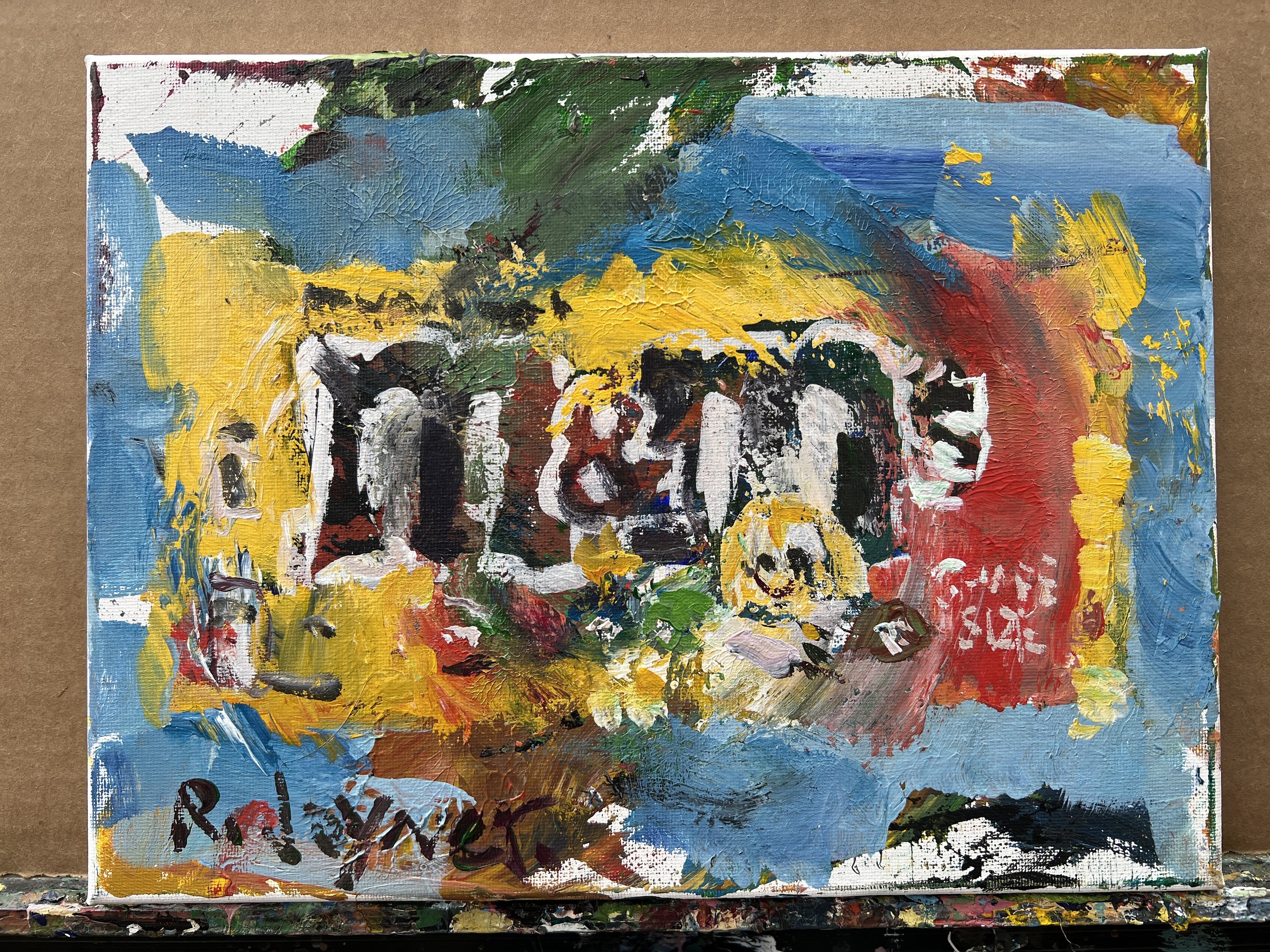 Bold expressive painting of peanut M&M's yellow candy bag with colorful M&Ms, acrylics on 12x9 canvas - game room wall art shows all edges