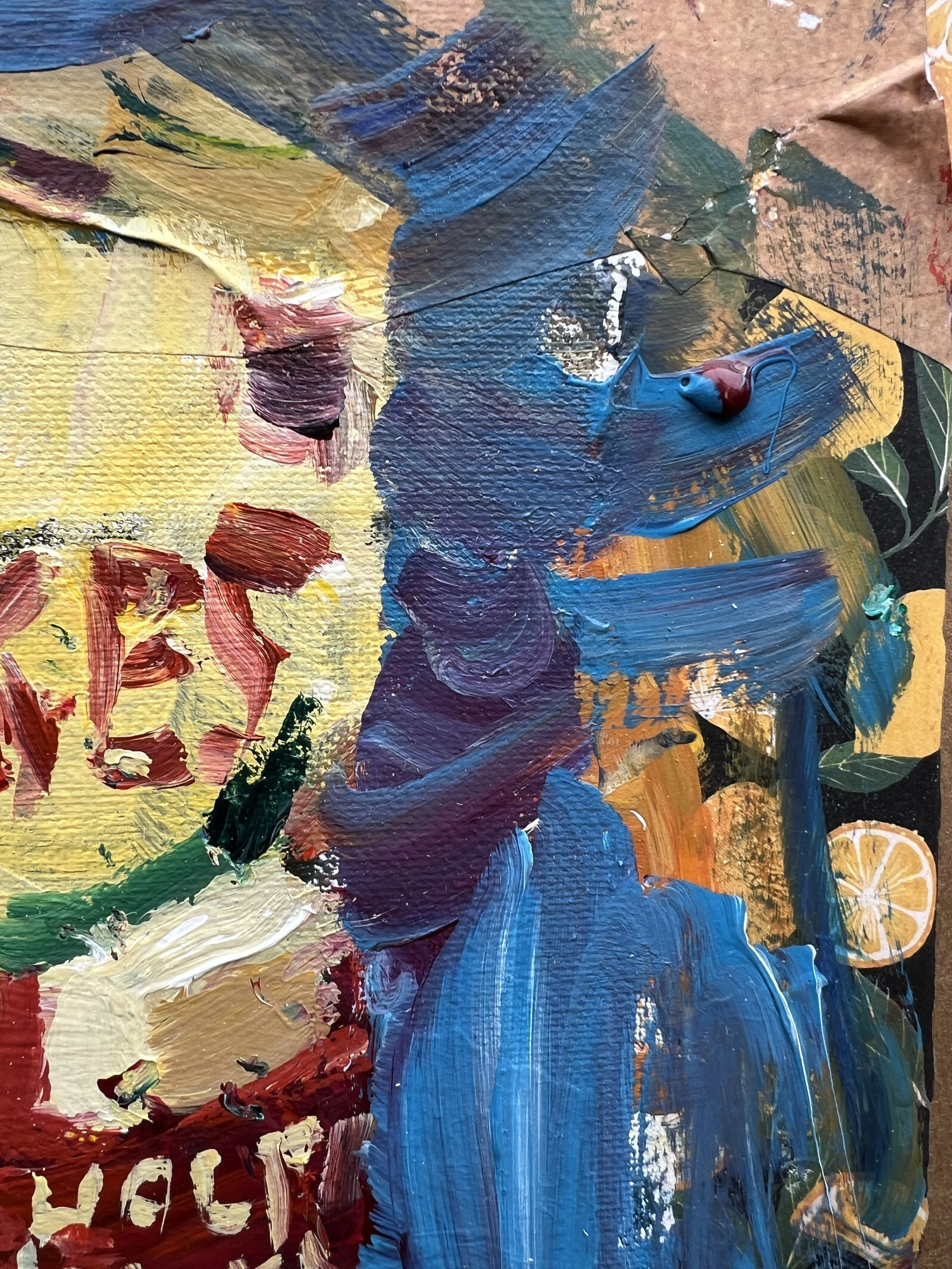 Brushwork detail of Bold expressive painting of Land O'Lakes yellow butter box with collage elements