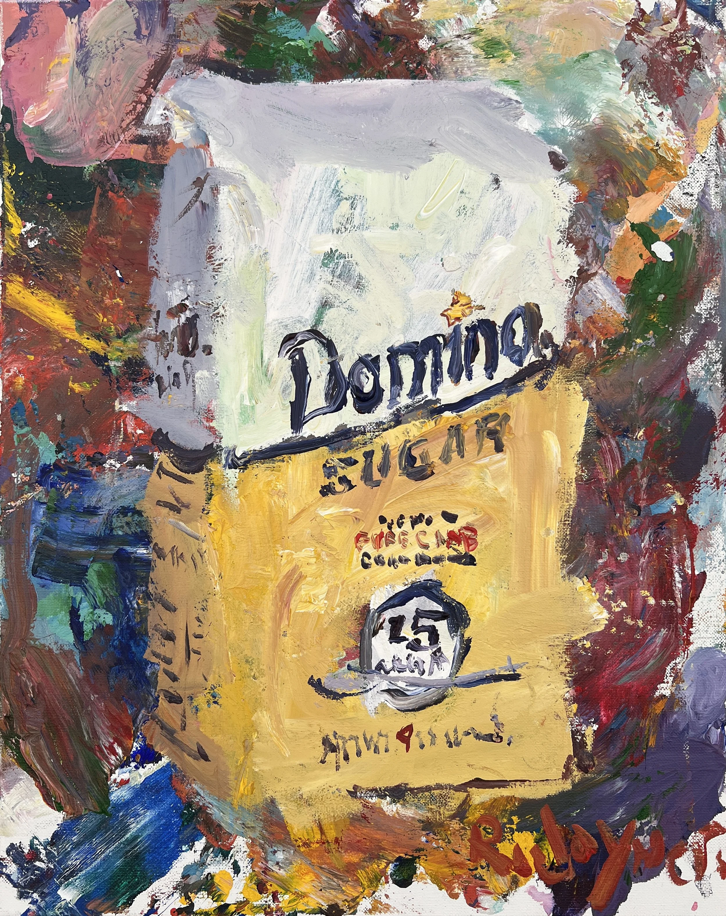 Bold expressive painting of Domino Pure Cane Sugar yellow bag with blue script, acrylics on 20x16 canvas - farmhouse kitchen wall art