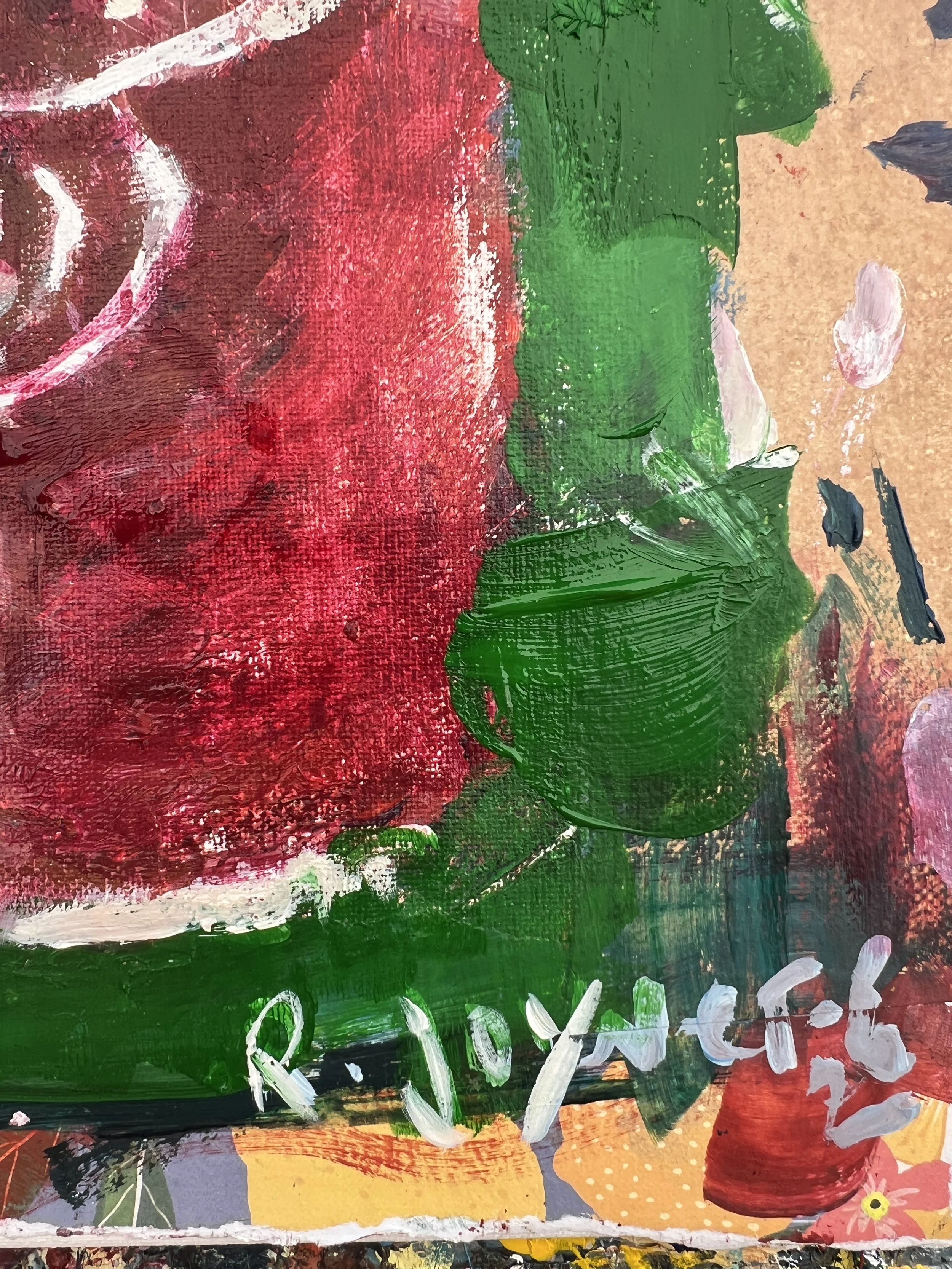 Detail view of Bold expressive painting of Dr Pepper maroon can