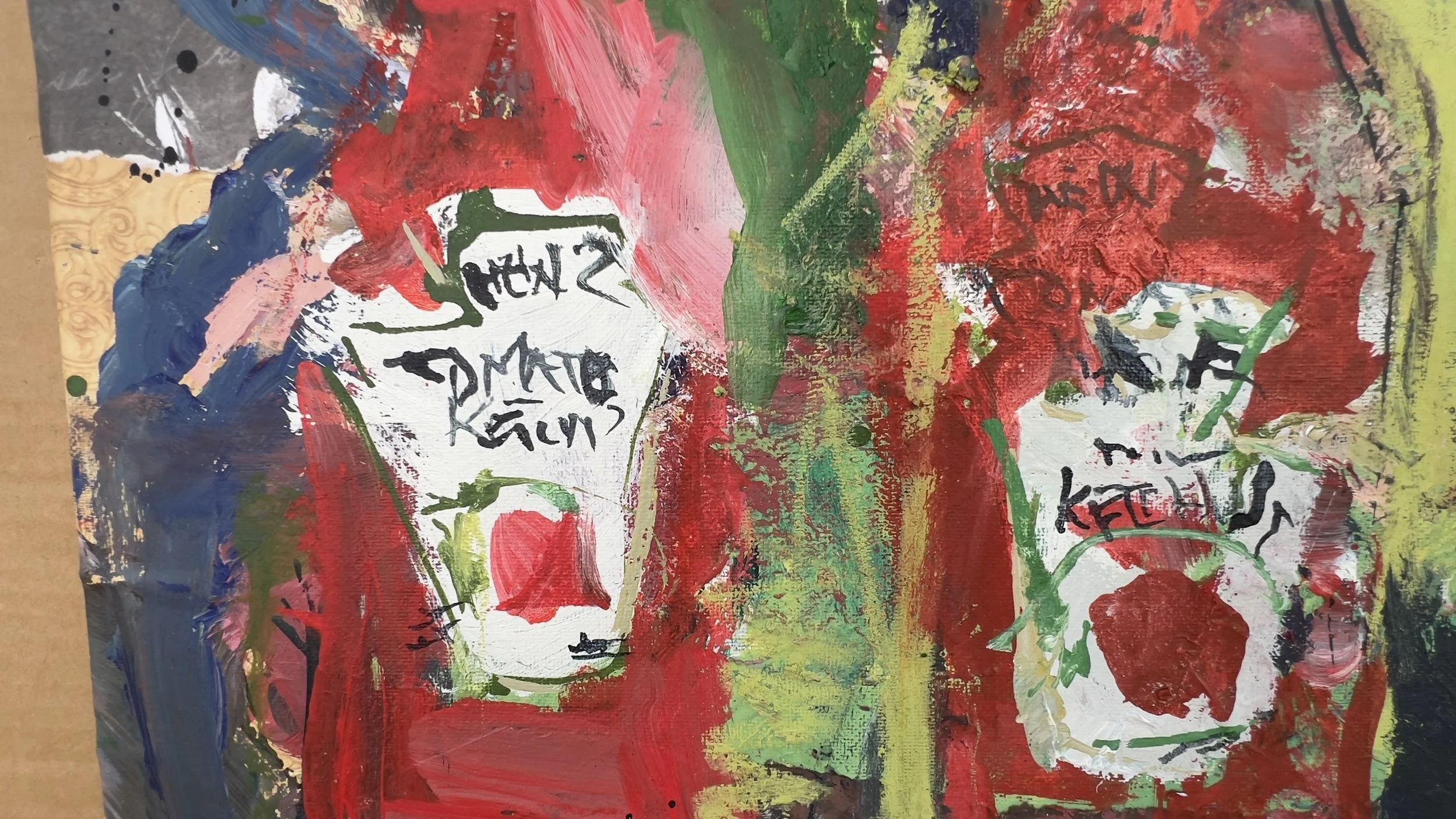 Three ketchup bottles in an expressive mixed media and collage painting by Robert Joyner