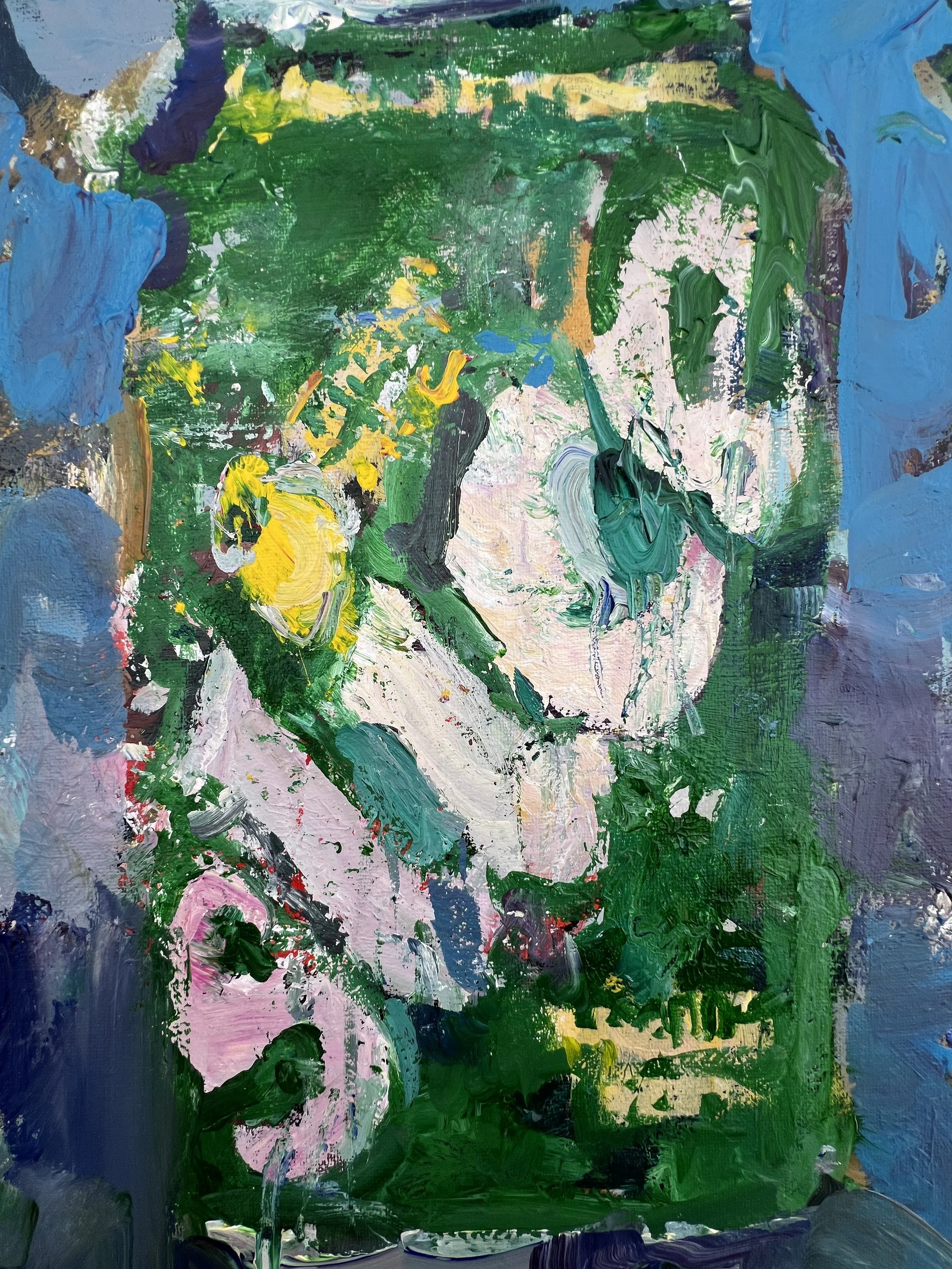 Bold expressive painting of Slice ginger ale green can with bold logo in vibrant colors, acrylics on 20x16 canvas - close up 3