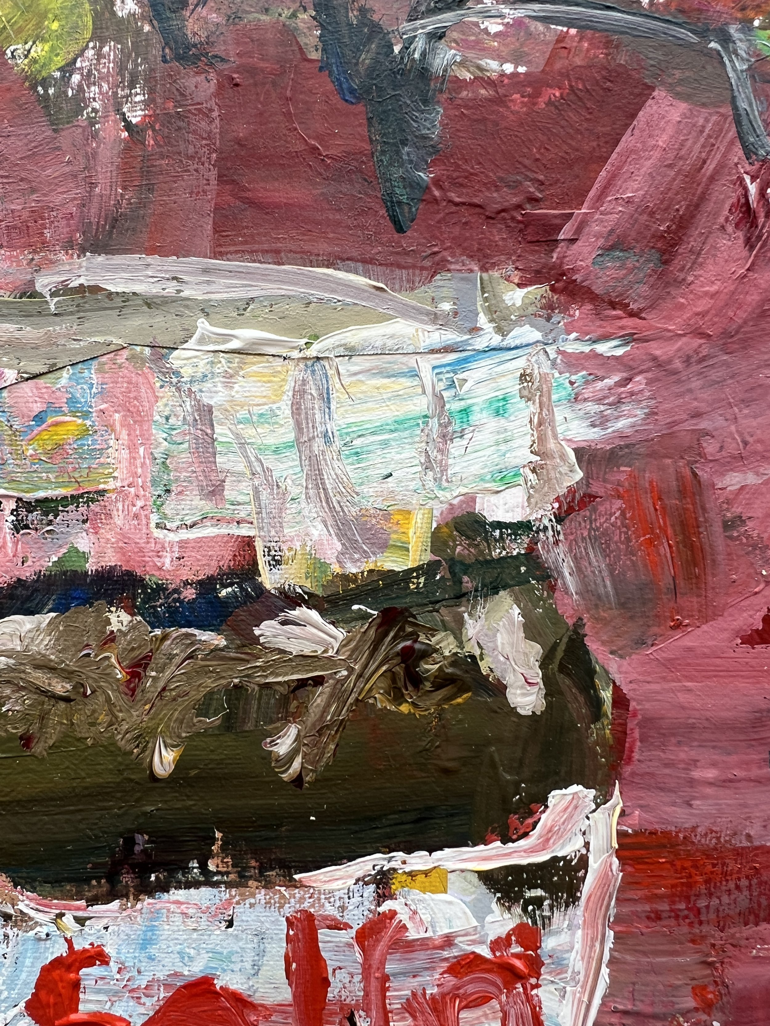 Close-up of Bold expressive painting of Nutella jar with red label and collage