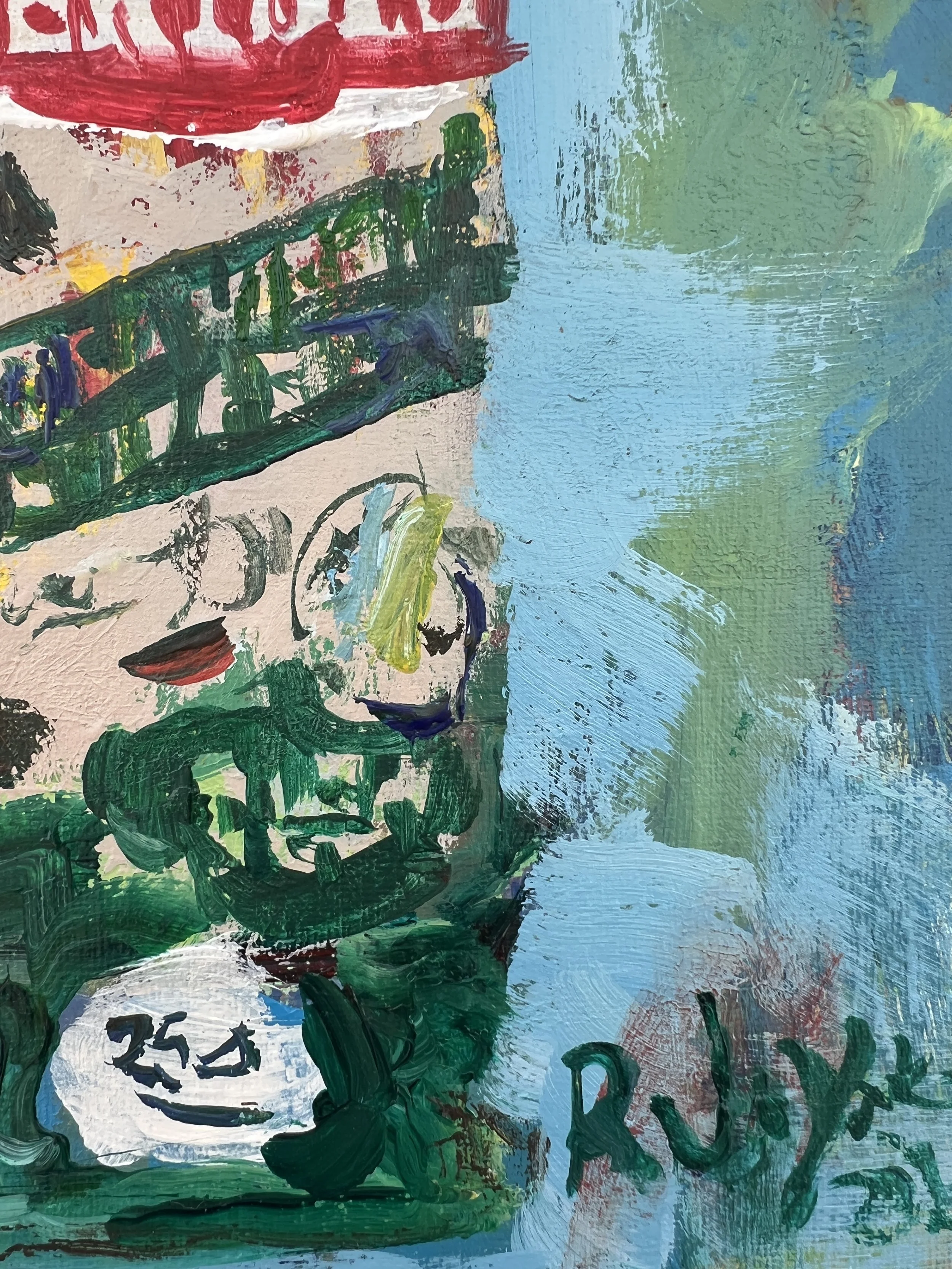 Loose expressive painting of Bertolli olive oil bottle with green tones and bold brushwork, acrylic on 12x9 canvas - close up 4