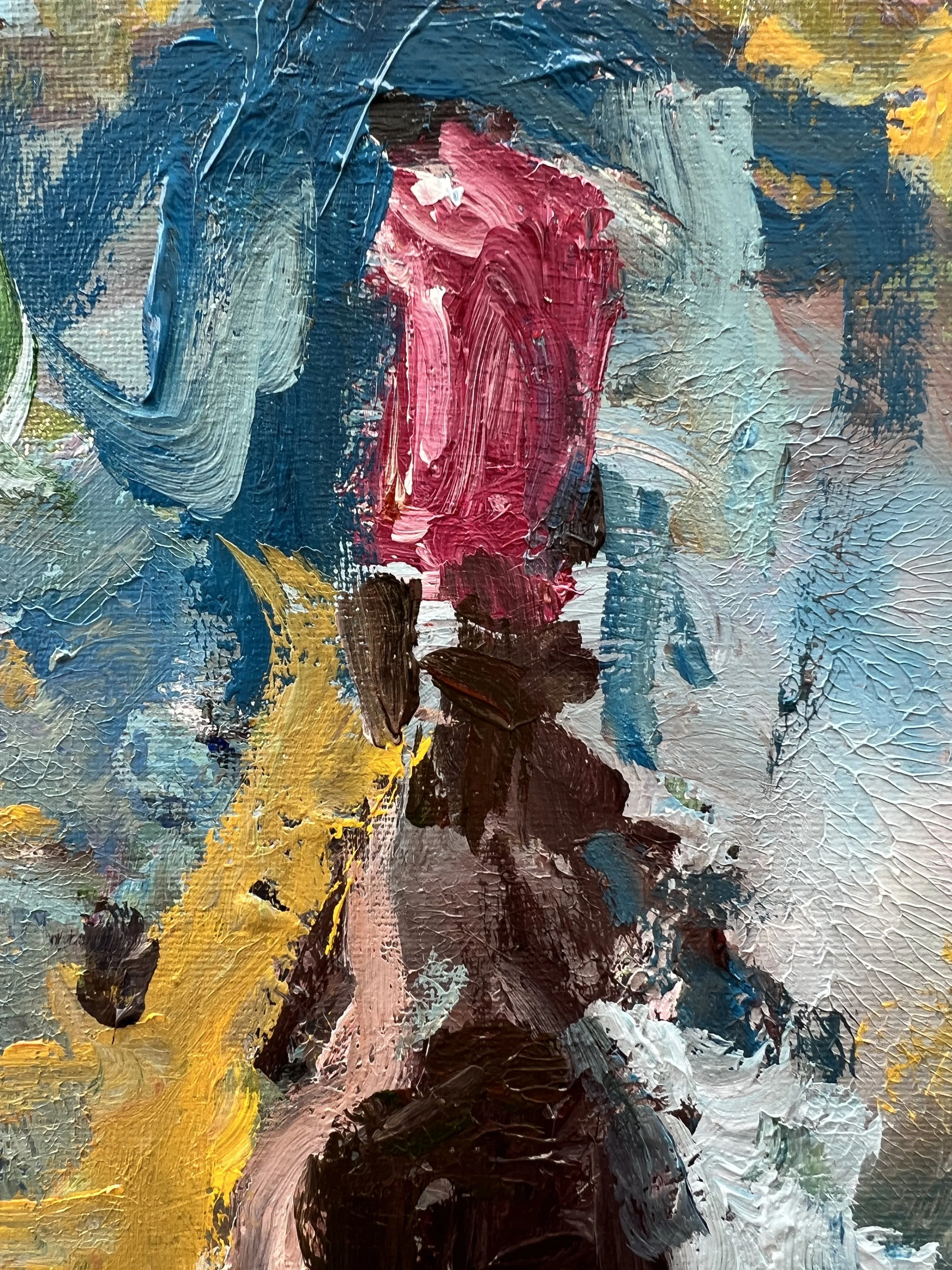 Bold expressive painting of Kendall Jackson Pinot Noir wine bottle with purple label, acrylics on 12x9 canvas - close up 1