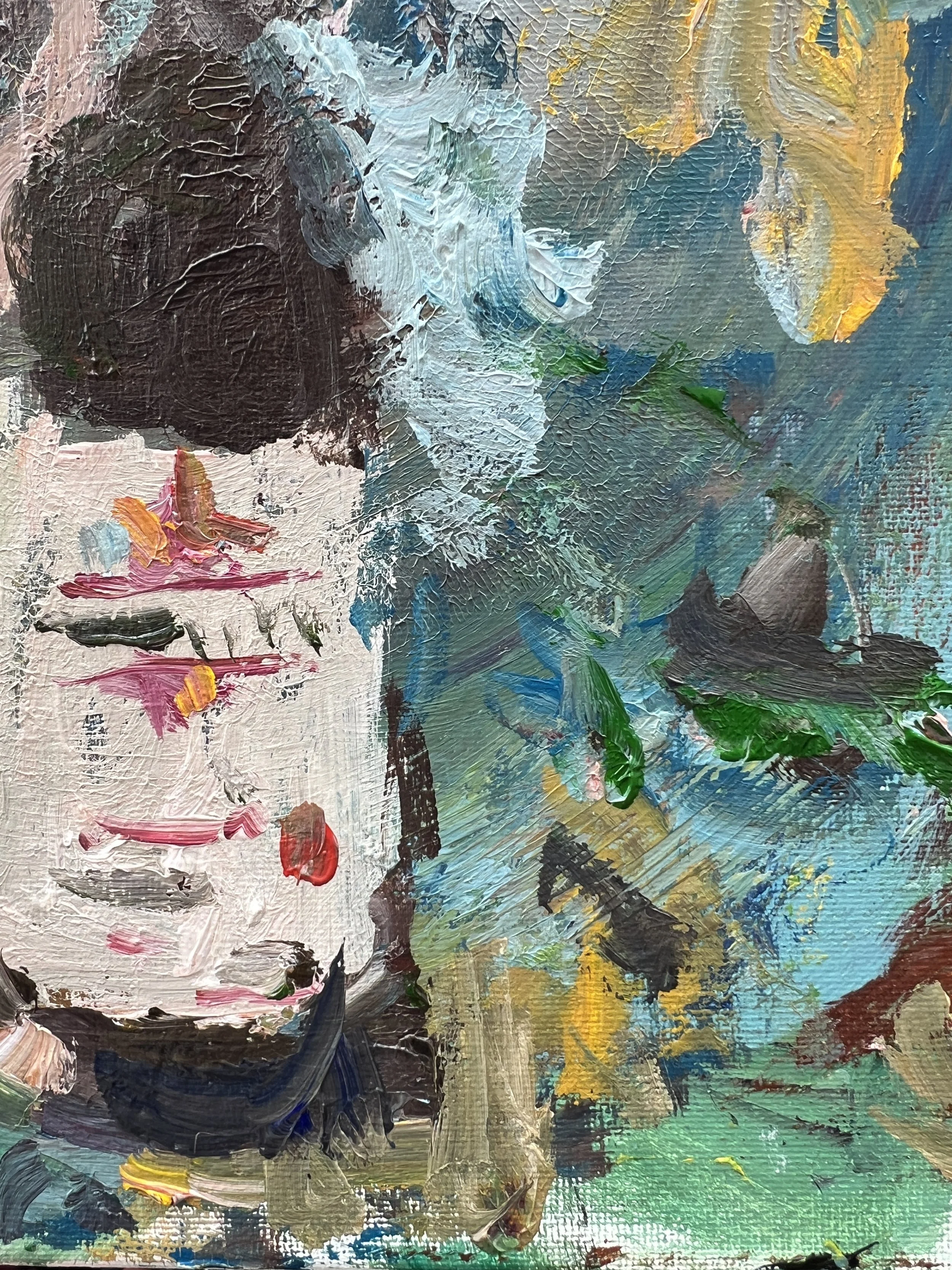 Bold expressive painting of Kendall Jackson Pinot Noir wine bottle with purple label, acrylics on 12x9 canvas - close up 4