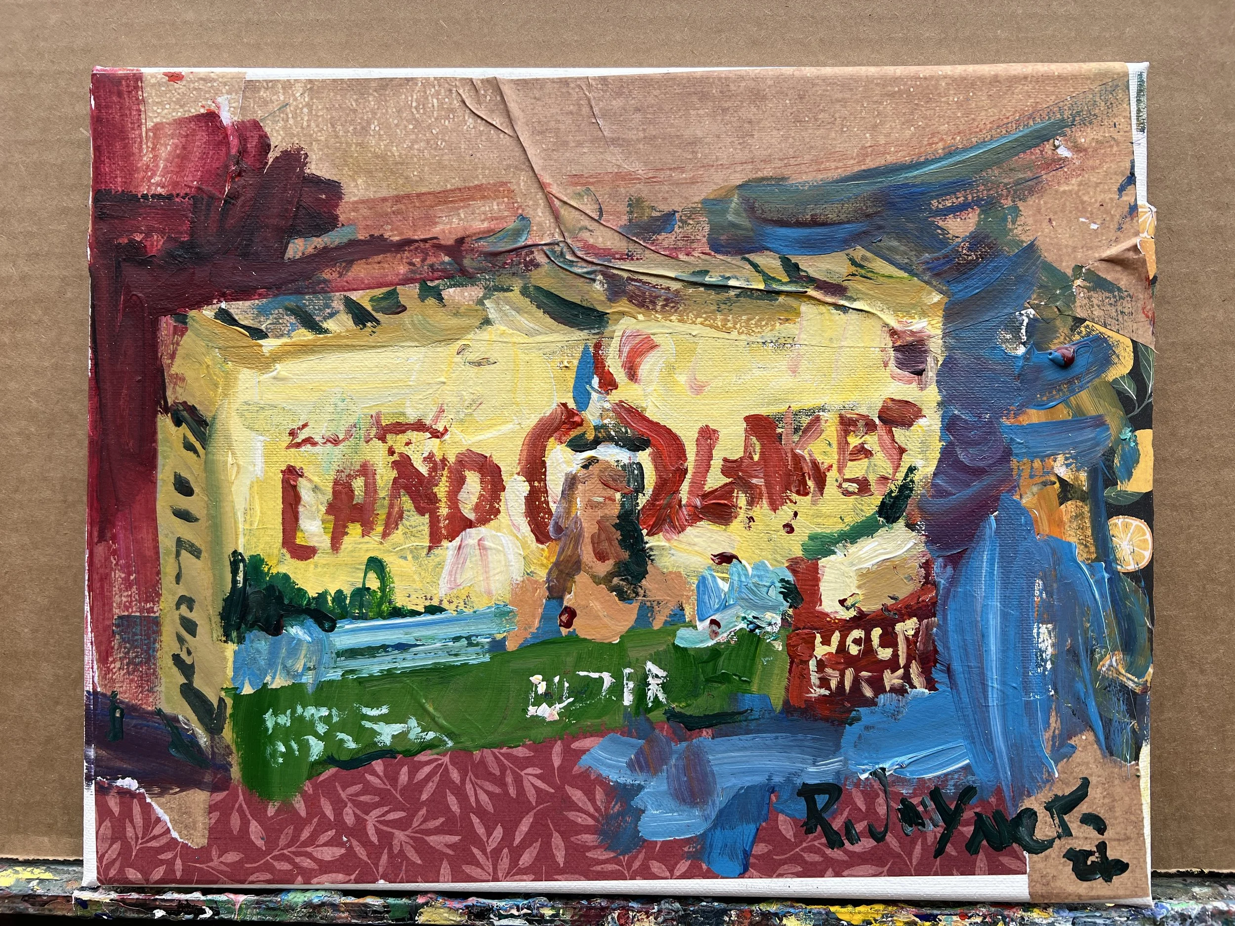 Bold expressive painting of Land O'Lakes yellow butter box with collage elements and textured brushstrokes, acrylics on 14x11 canvas - farmhouse kitchen wall art shows all edges