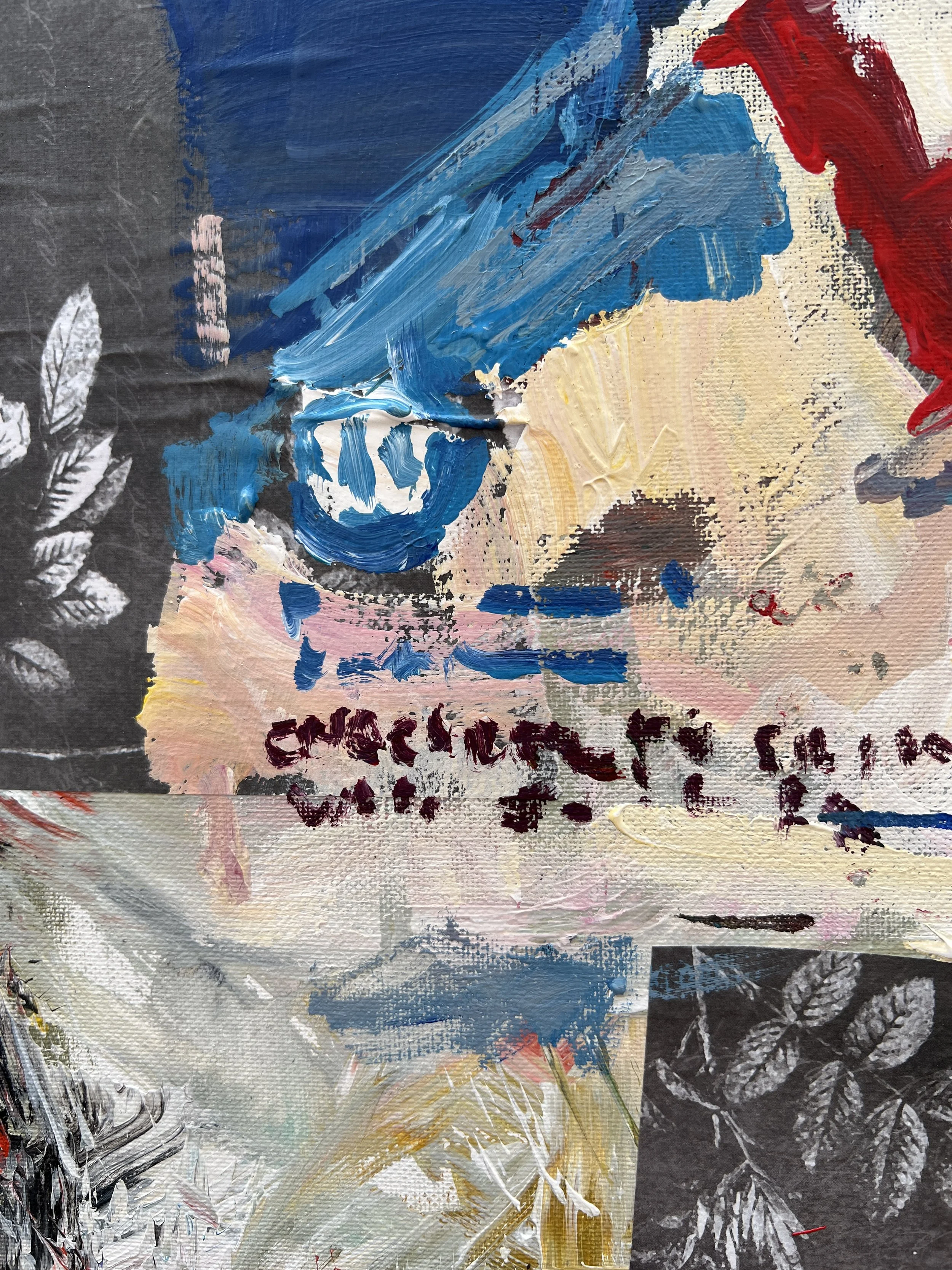 Bold expressive painting of Hostess Ho Hos box with chocolate roll cakes and collage elements, acrylics on 20x16 canvas - close up 5