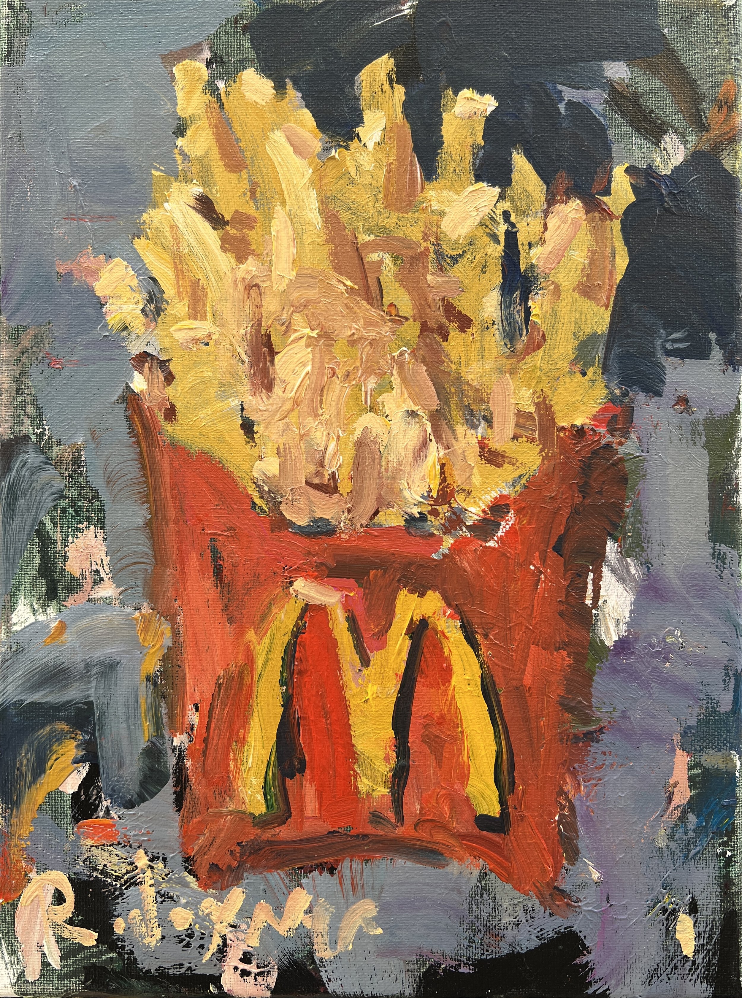Loose expressive original painting of McDonald's french fries in red and yellow box on canvas - kitchen wall art