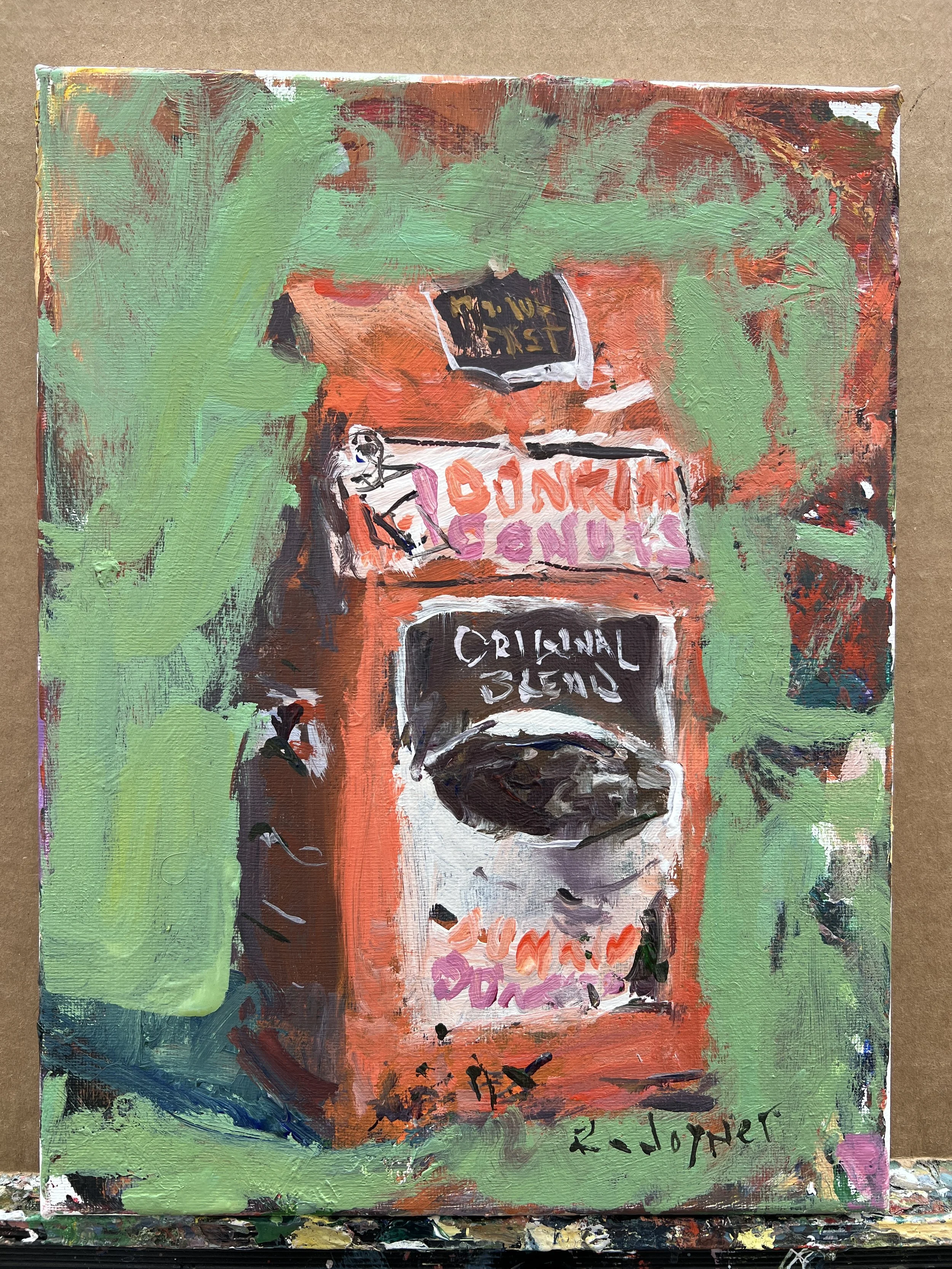 Loose expressive original painting of Dunkin' Donuts coffee bag in orange and brown on canvas - kitchen wall art shows all edges