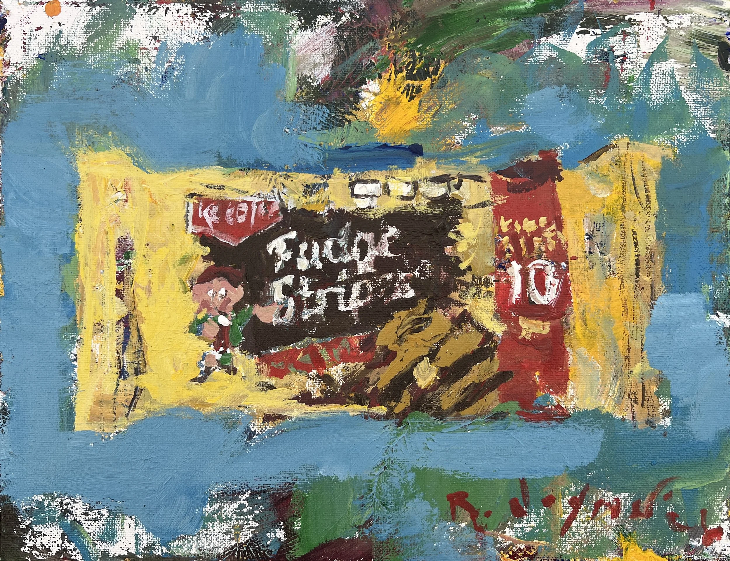 Loose expressive painting of Five Guys cup with red lettering and bold brushwork, acrylic on 12x9 canvas - kitchen wall art