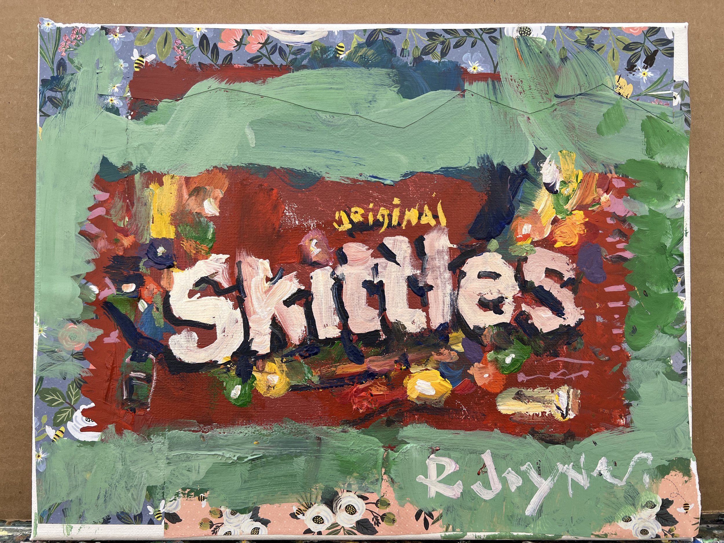 Vibrant expressive painting of Skittles Original candy red bag with yellow lettering, acrylics and collage with floral and bee elements on 11x14 canvas - kitchen wall art shows all edges