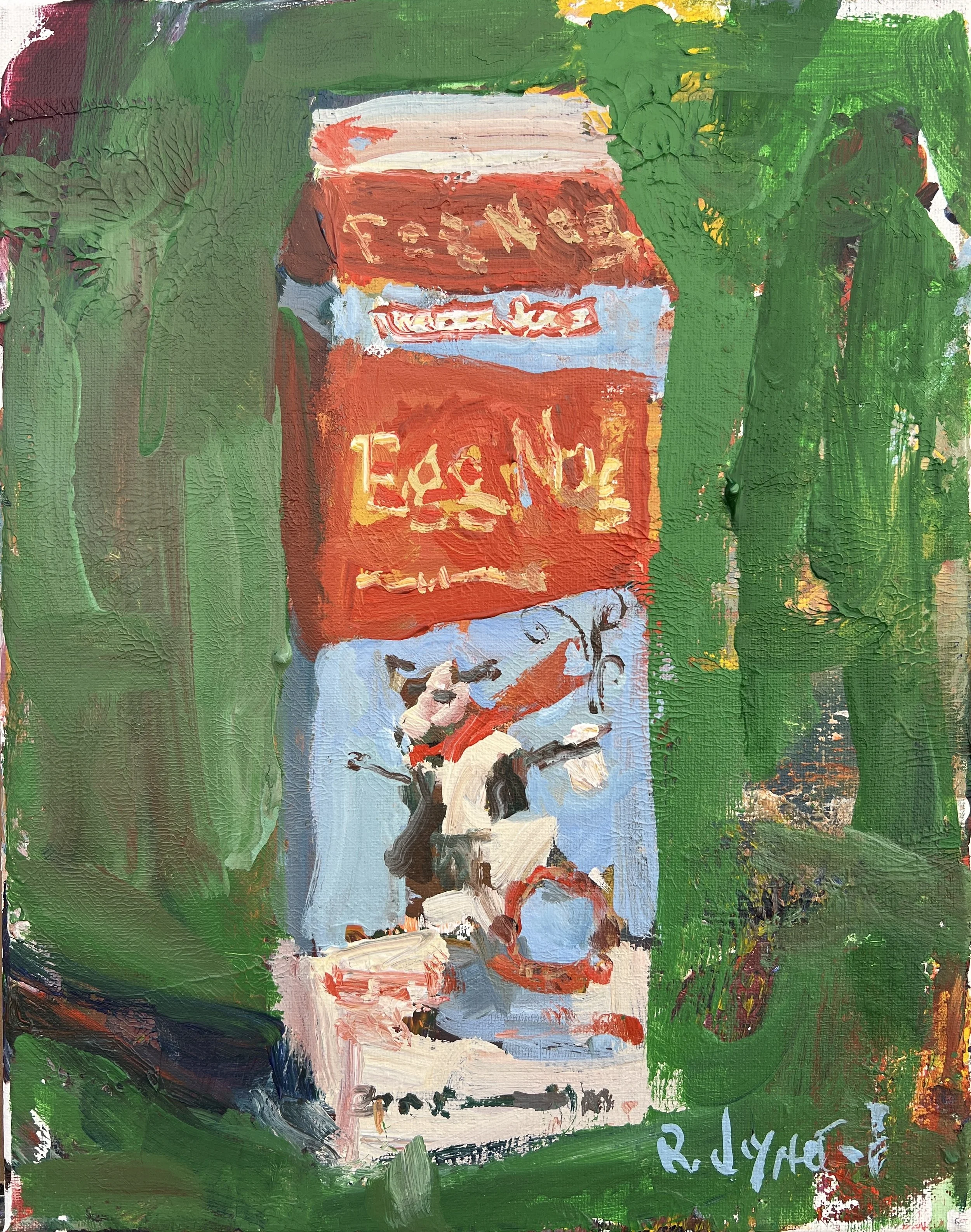 Loose expressive acrylic painting of a Trader Joe’s egg nog carton with festive red and green tones, original 14x11 canvas kitchen wall art