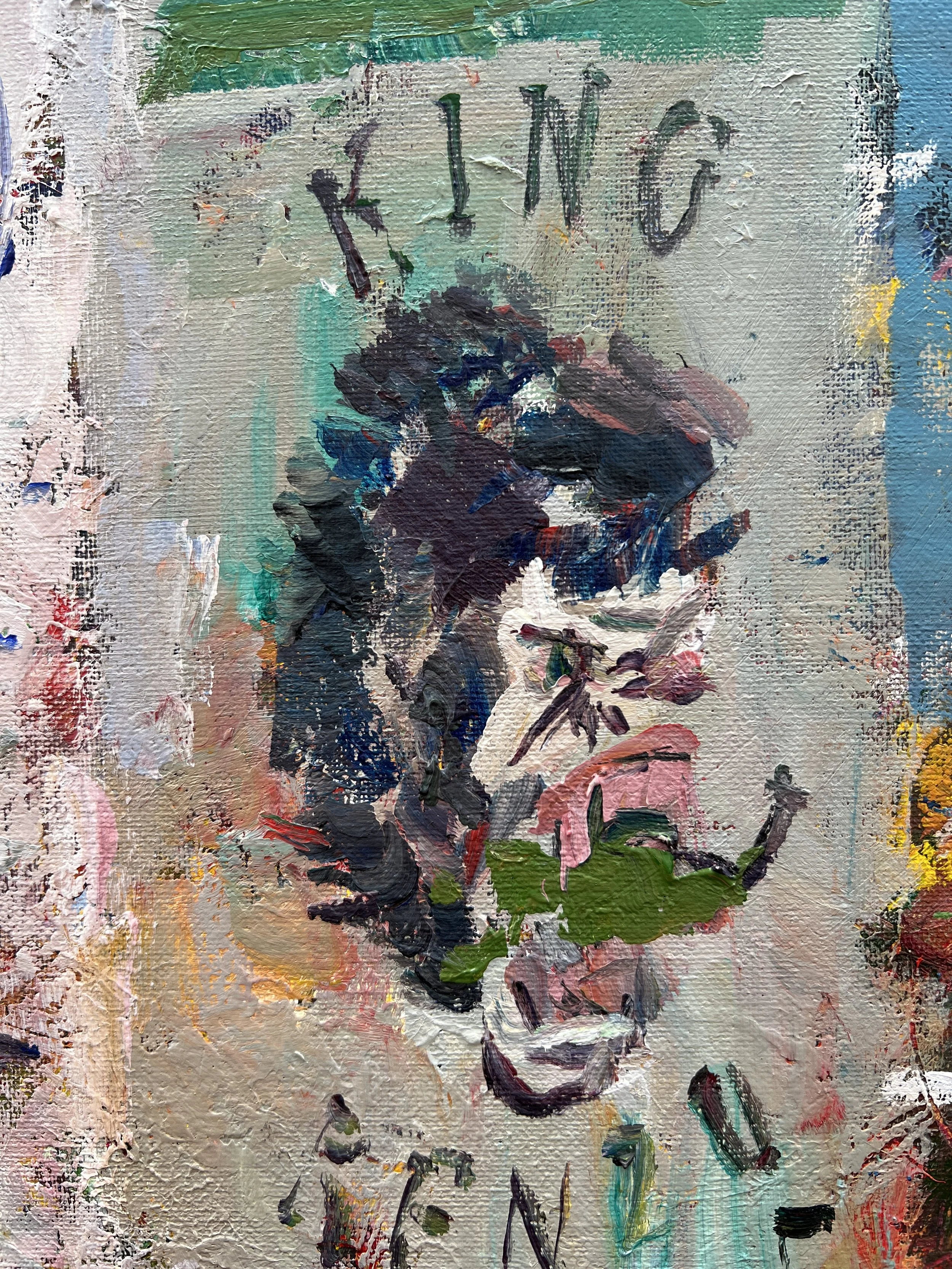 Bold expressive painting of King Kenzo extra virgin olive oil tin can with Mediterranean label, acrylics on 20x16 canvas - close up 3