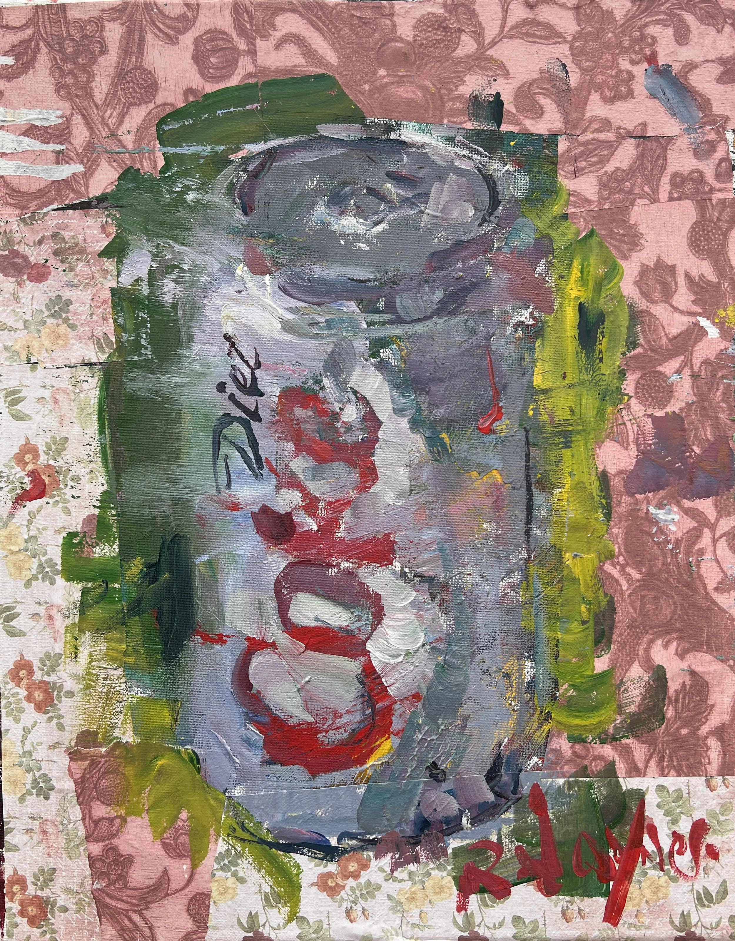 Alt Text: Bold expressive painting of Diet Coke silver can with red script and colorful collage borders, acrylics on 20x16 canvas - kitchen wall art