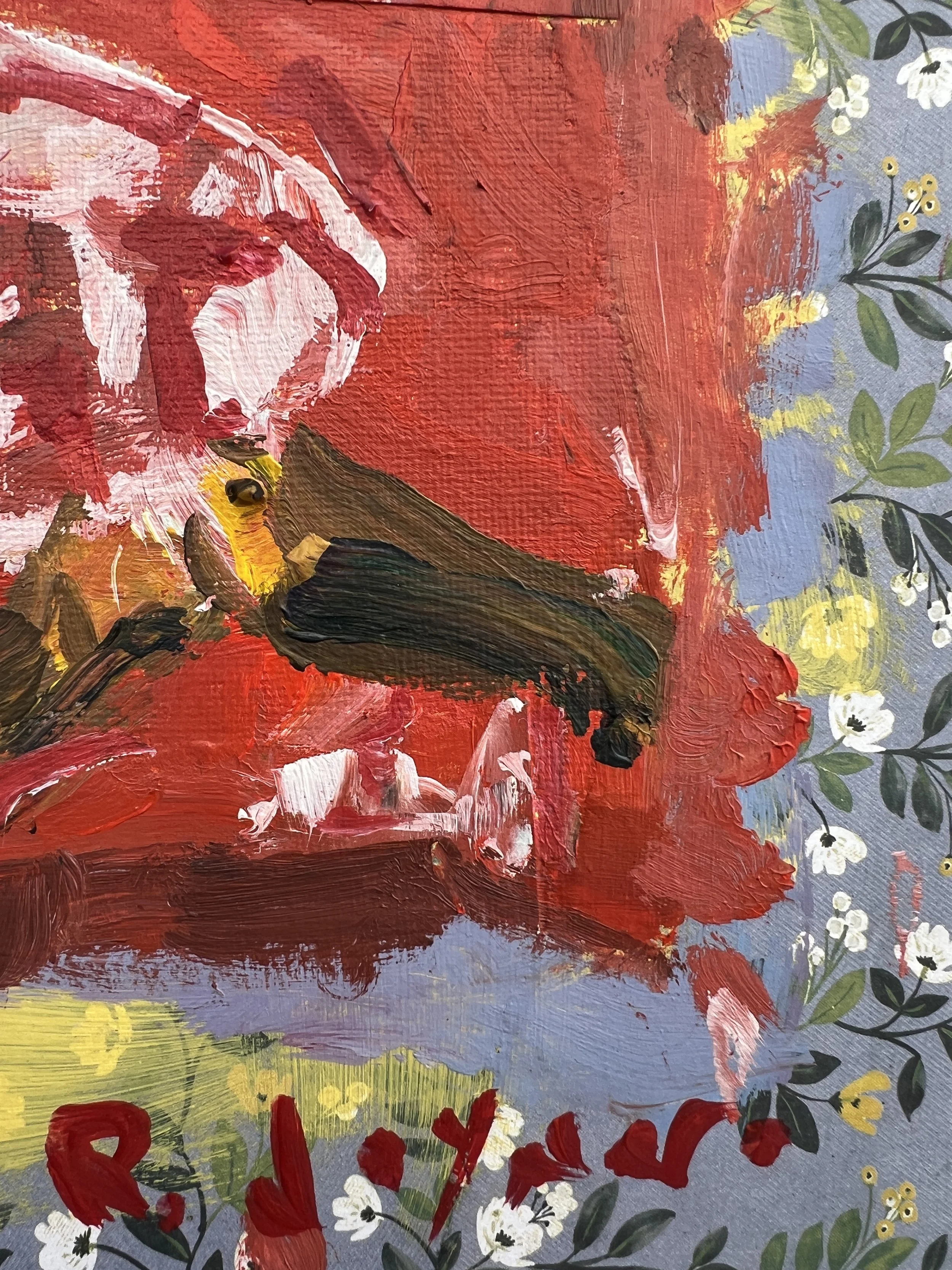 Brushwork detail of Bold expressive painting of KitKat candy bar red wrapper with white logo