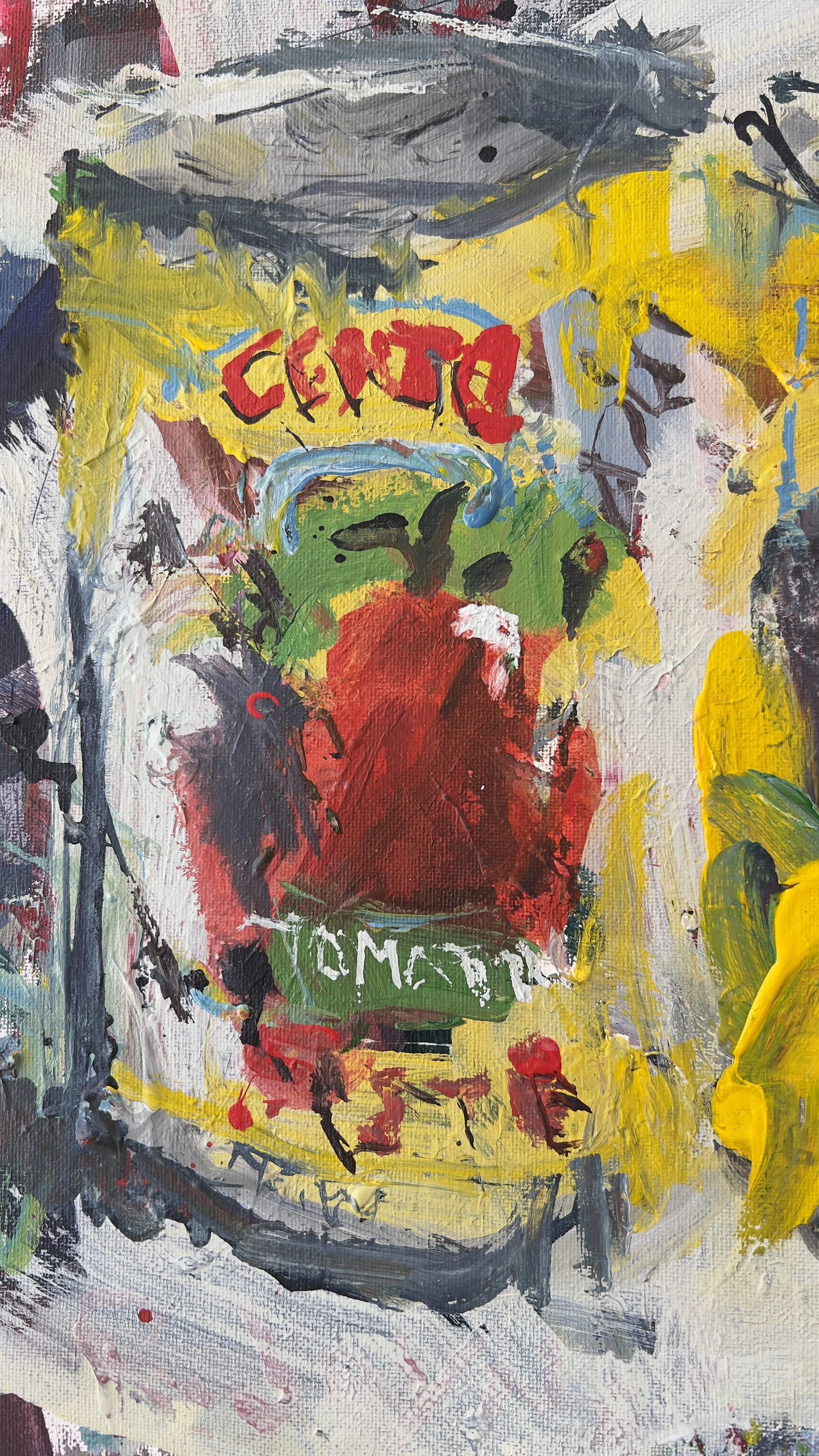 Alt Text: Colorful mixed media painting of three Cento tomato paste cans close up 4