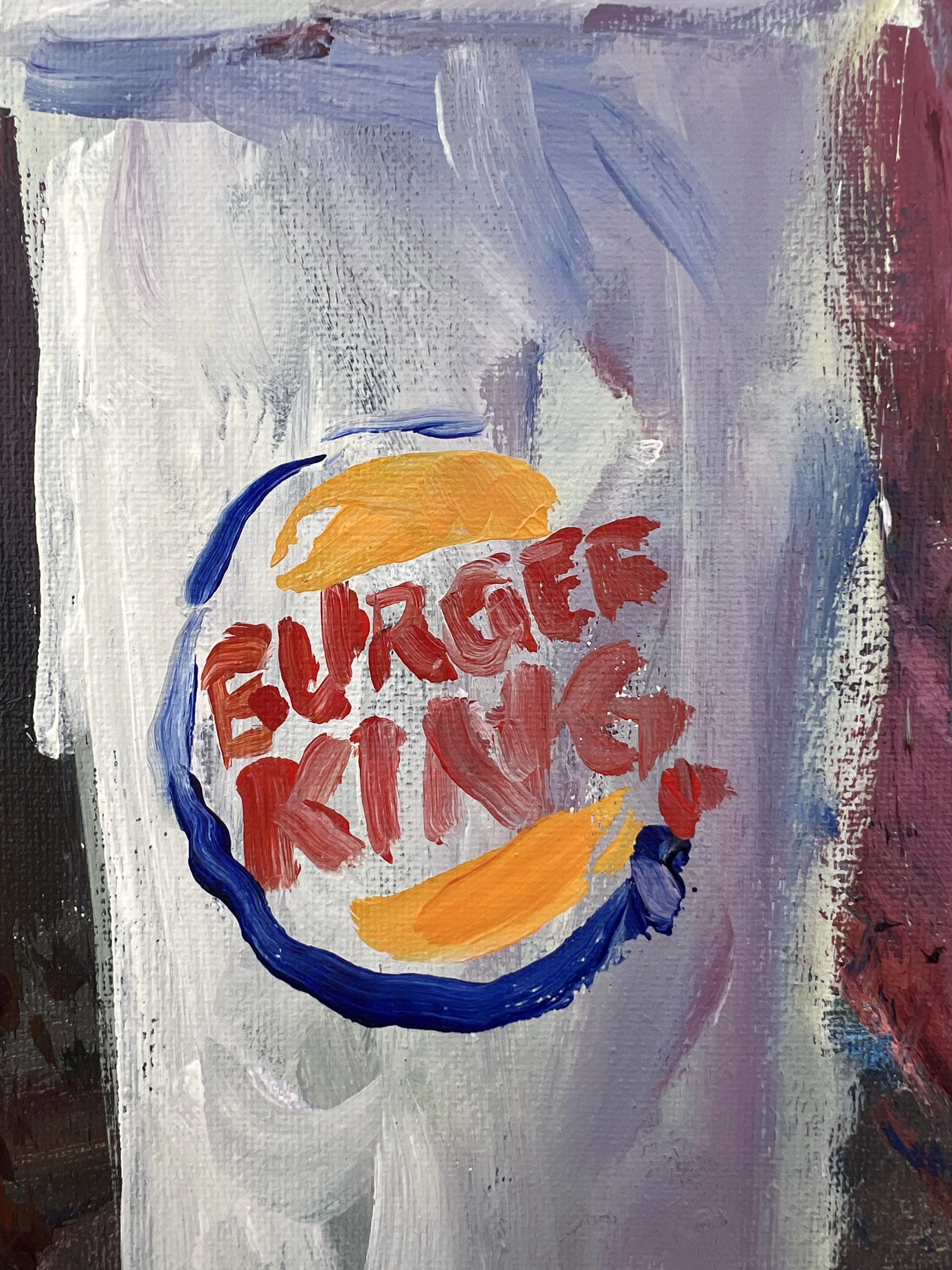 Bold expressive painting of Burger King cup with logo, acrylics on 14x11 canvas - close up 2