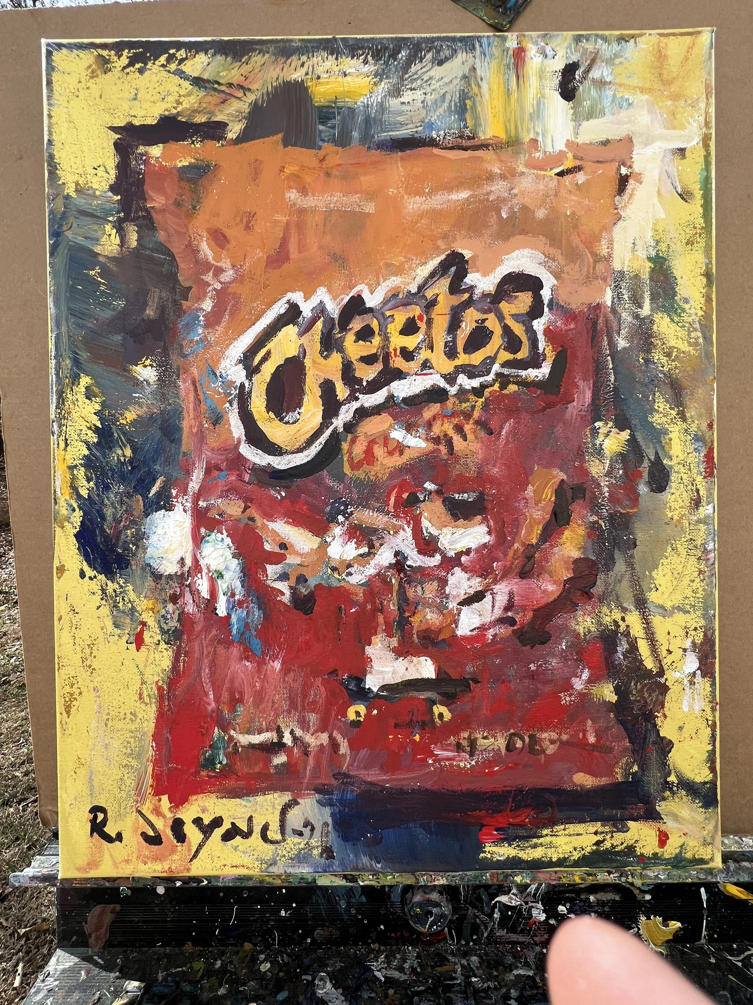 Bold expressive painting of Cheetos orange bag with cheetah logo, acrylics on 20x16 canvas - shows all edges