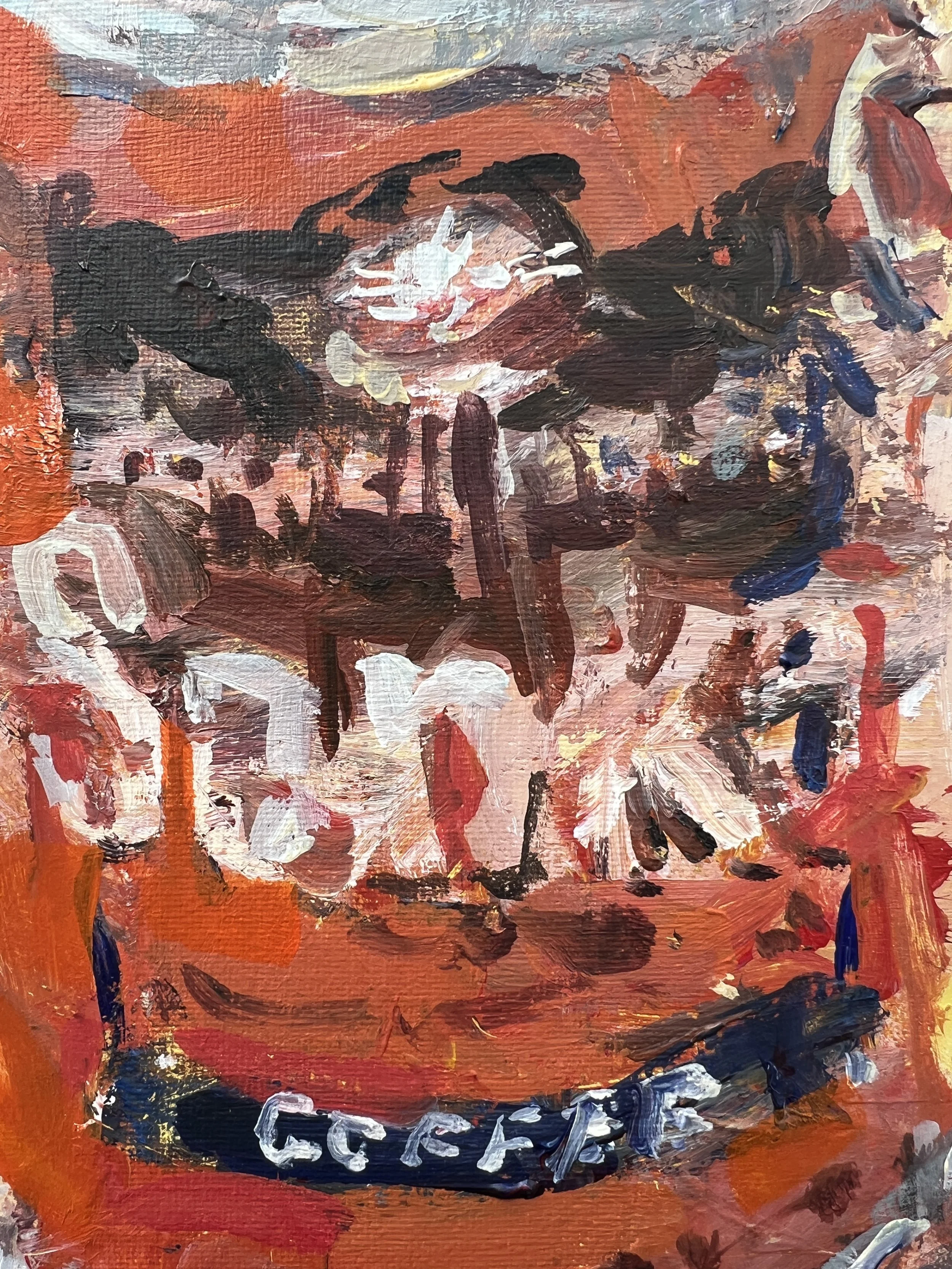 Brushwork detail of Bold expressive original painting of a vintage Sanka Maxwell House coffee can